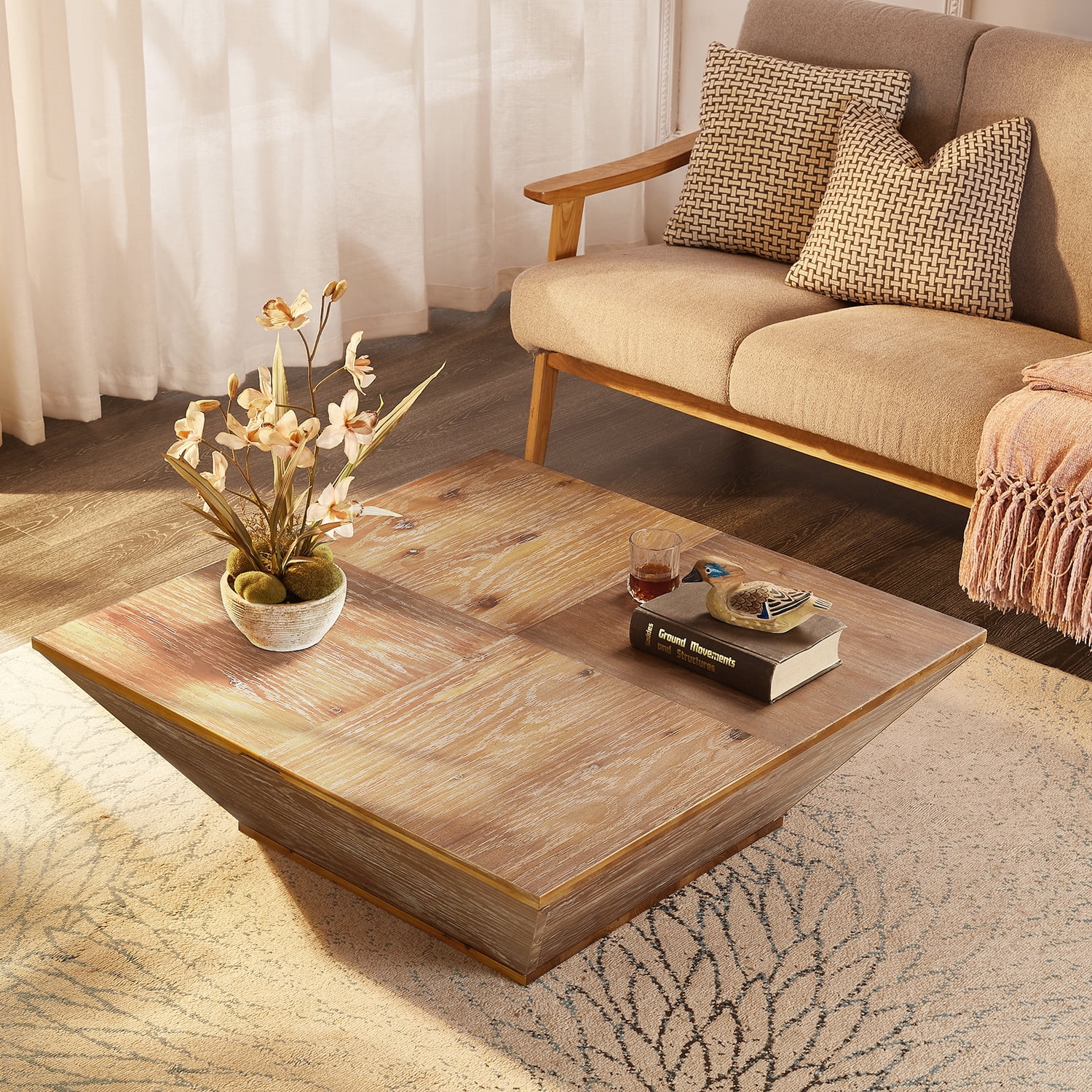 Gexpusm Farmhouse Coffee Table with Storage, Retro Square Wood Center Table for Living Room