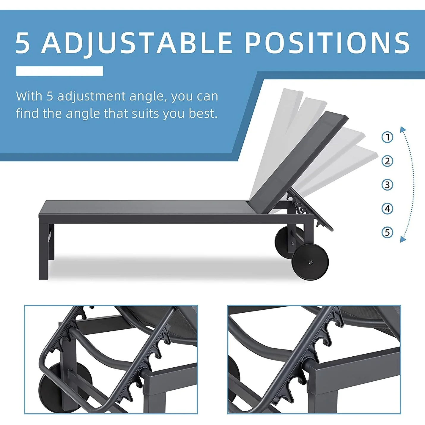 Futzca  2 PCS Outdoor Chaise Lounges Chair with Wheels and 5 Adjustable Position Dark Grey