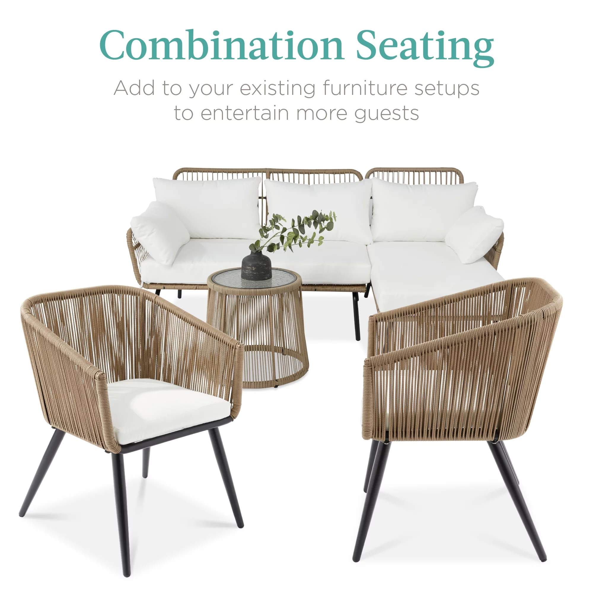 Best Choice Products Set of 2 Indoor Outdoor Patio Dining Chairs Woven Wicker Seating Set 250lb Capacity - Natural/Ivory