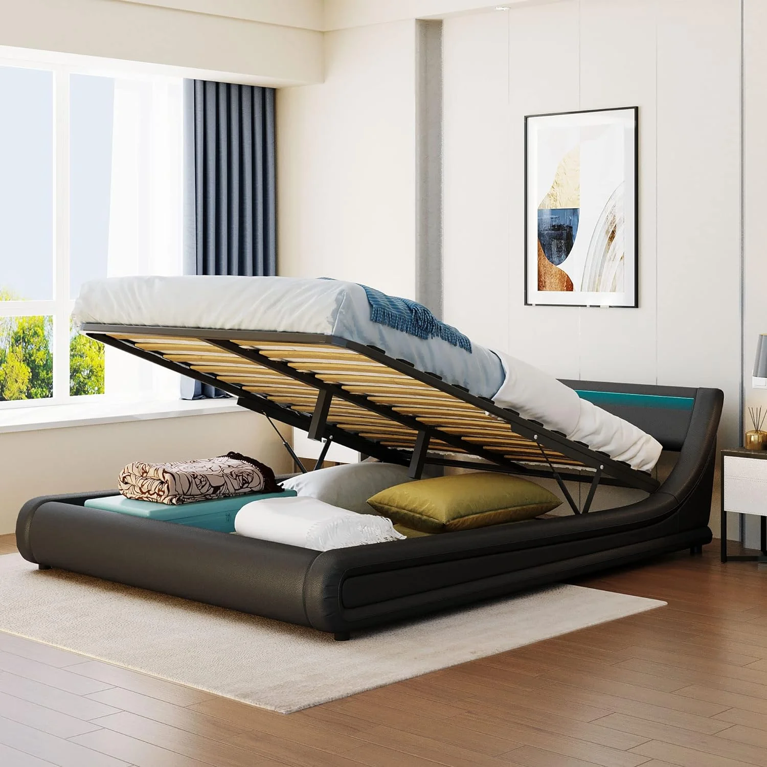 Quee Size Faux Leather Upholstered Platform Bed With A Hydraulic Storage System/16 LED Lights Headboard/Bed Frame With Slatted, Gas Lift Storage Bed With LED o Box Sprig Required
