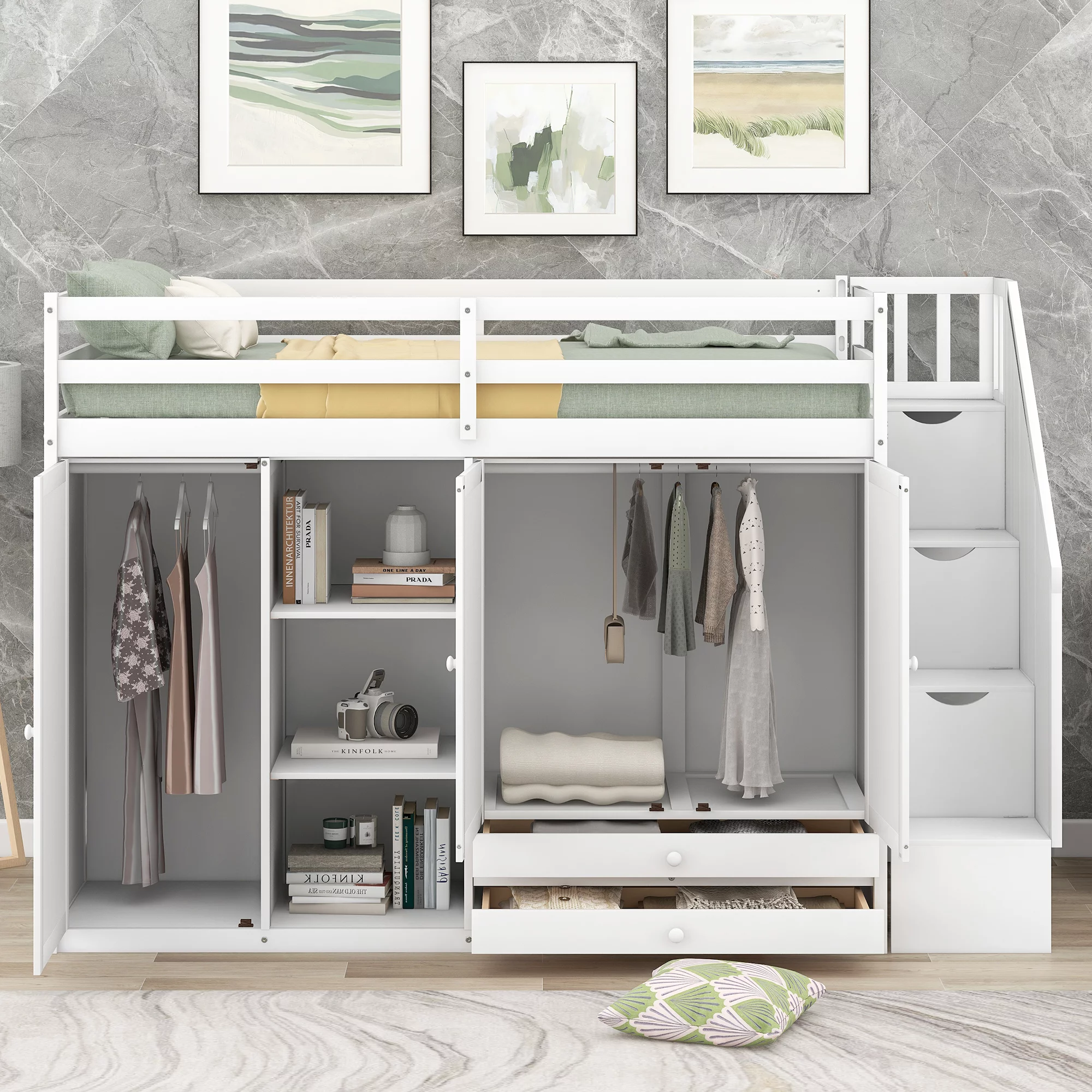 Functional Twin Wood Loft Bed with 3 Shelves, 2 Wardrobes and 2 Drawers, Ladder with Storage, Staircase, Loft Bed with Shelves, Loft Twin Bed for Teenagers, Multiple Functions Bed(White)