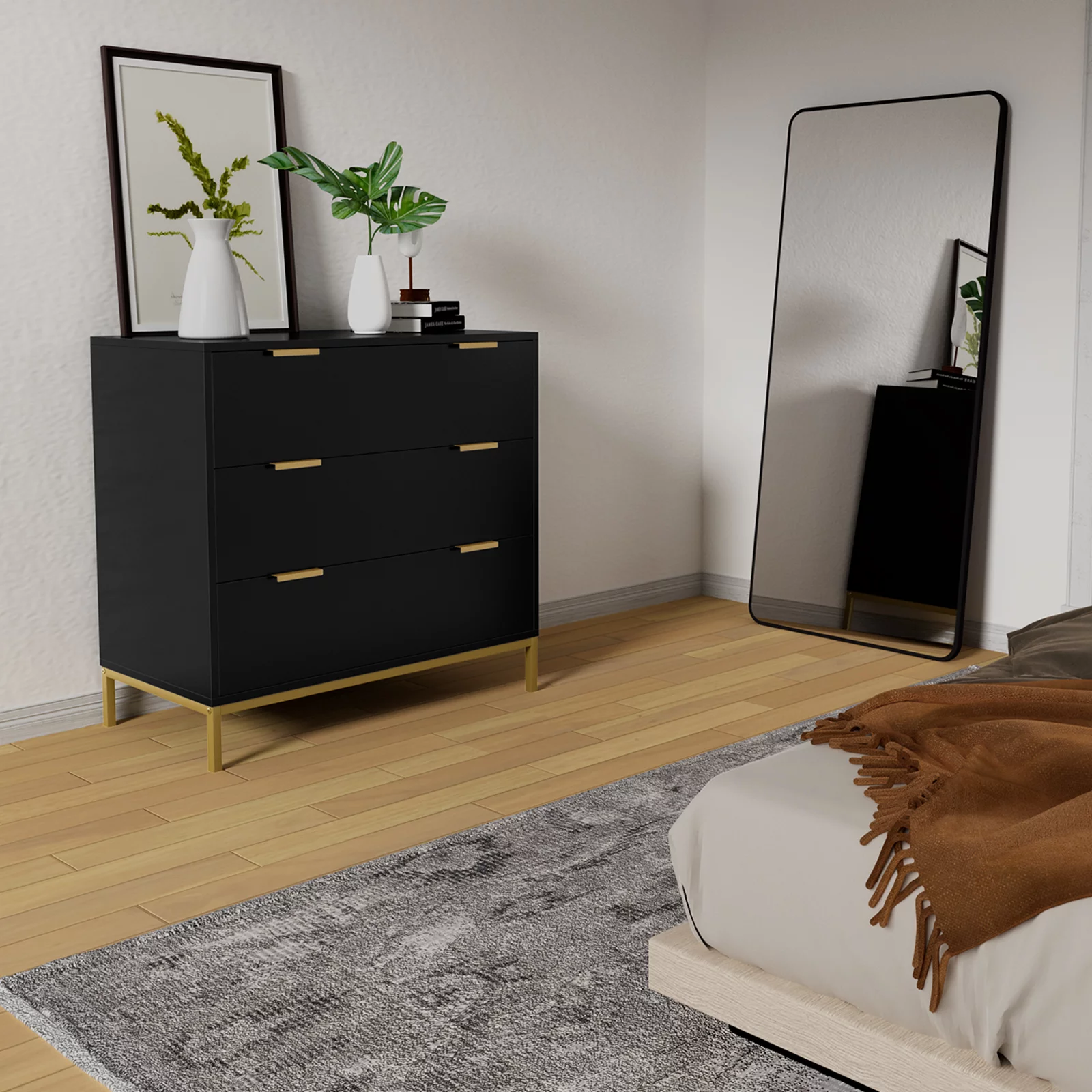 3 Drawer Black Wood Dressers Chest,29.3