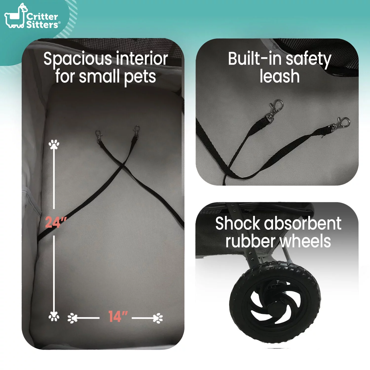 Critter Sitters Light Grey 4-Wheel Pet Stroller for Medium/Large Sized Dogs, Cats with Scratch Resistant Breathable Mesh Windows and Safety Leash | Storage Basket | Cup Holders | Lockable Wheels