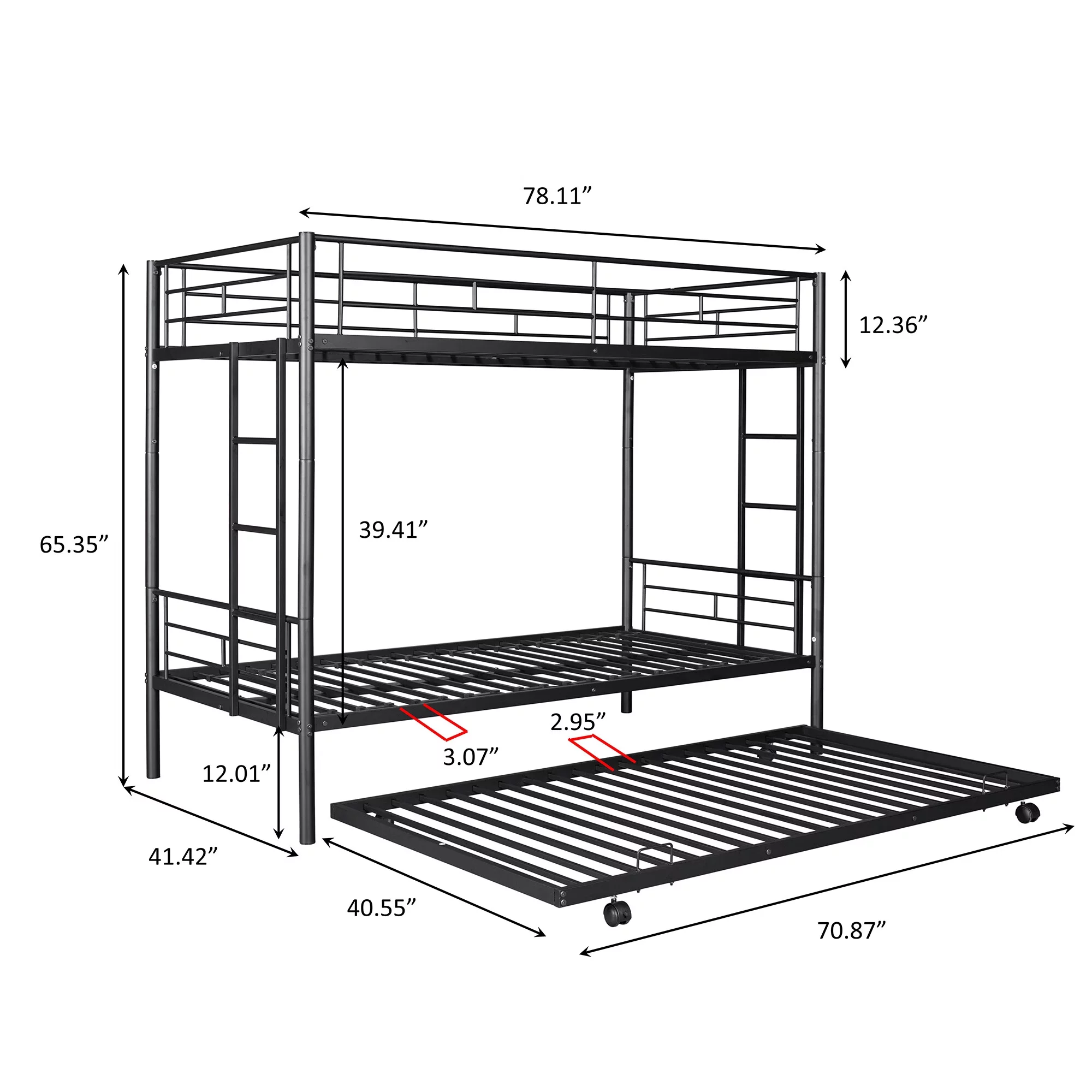 GNIXUU Metal Twin over Twin Bunk Beds with Trundle Bed for Kids Bedroom, Metal Twin Bunk Bed Frame with Safety Guardrail & 2 Ladders, Black