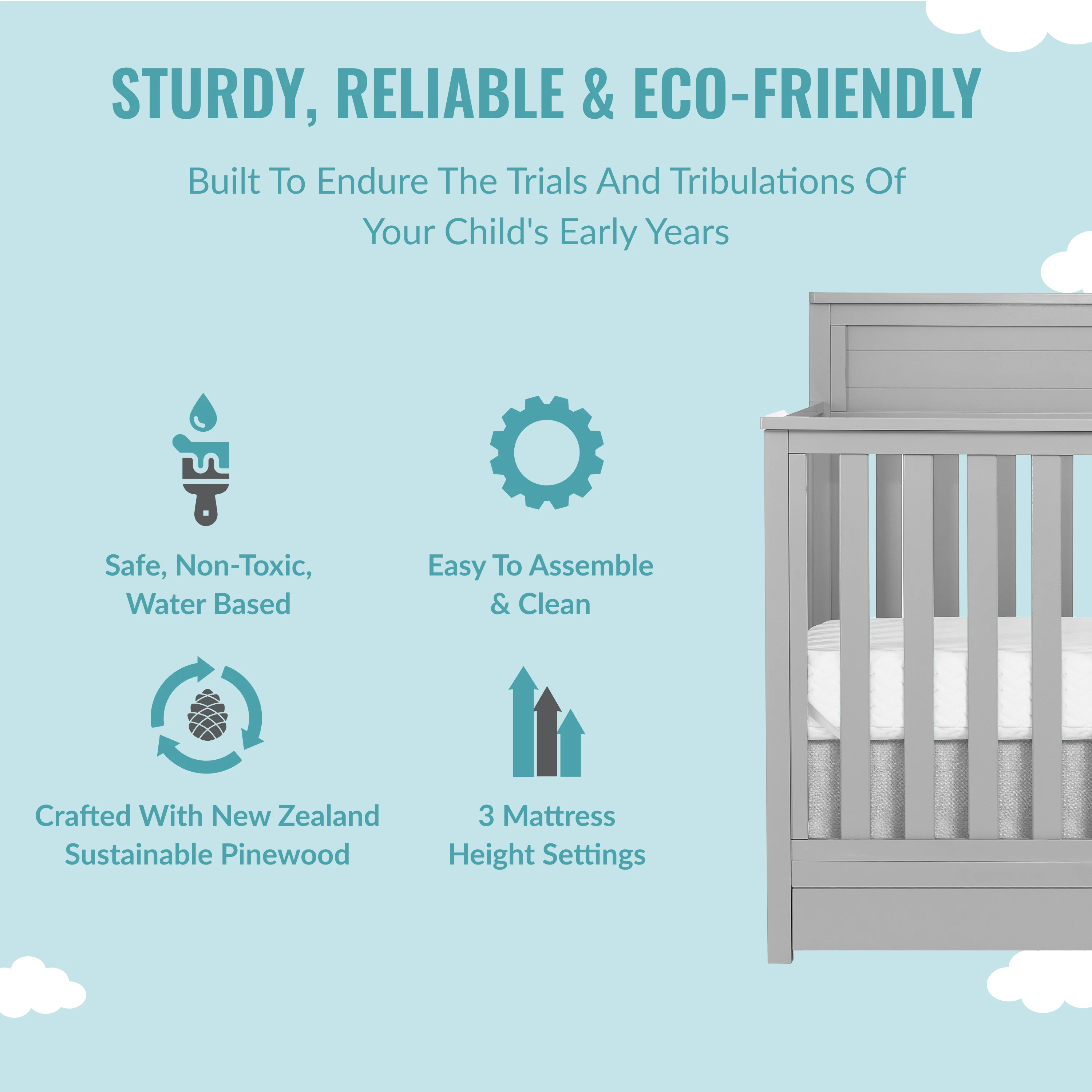Dream On Me Reign 5 in 1 Convertible Crib with Under Drawer in Pebble Gray