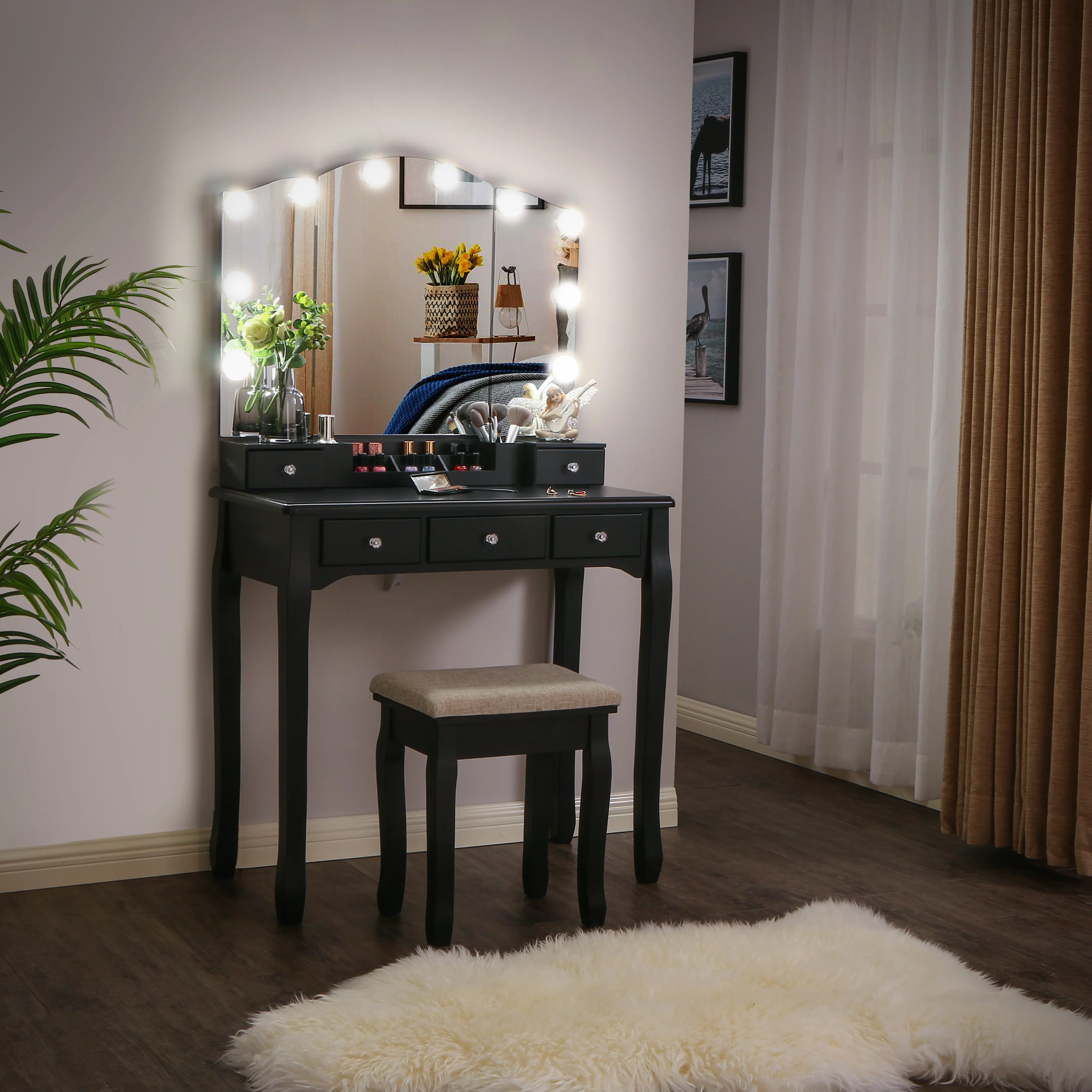 BEWISHOME Vanity Set with Lighted Mirror, Makeup Vanity with Tri-Folding Mirror 10 LED Bulbs, Black Vanity Desk Vanity Table with 5 Drawers 2 DIY Dividers, Cushioned Stool, Movable Organizer FST09H