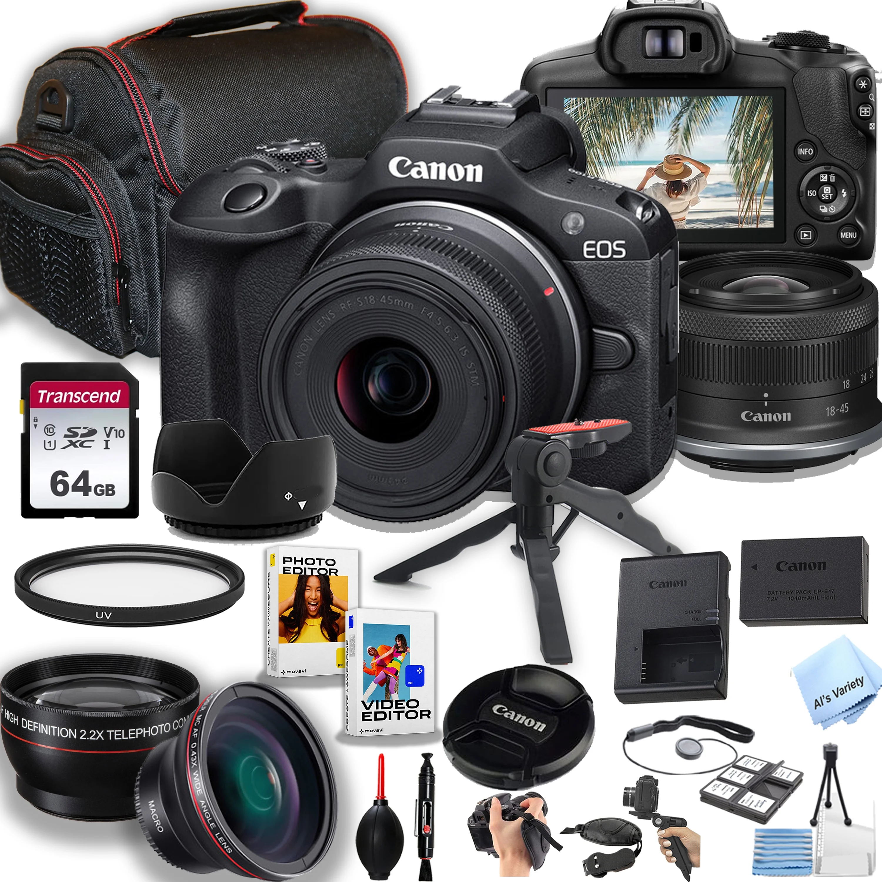 Canon EOS R100 Mirrorless Camera with 18-45mm Lens + 64GB Memory, Macro + 2X Len, Case, Gripster Tripodpod, and More (28pc Bundle)