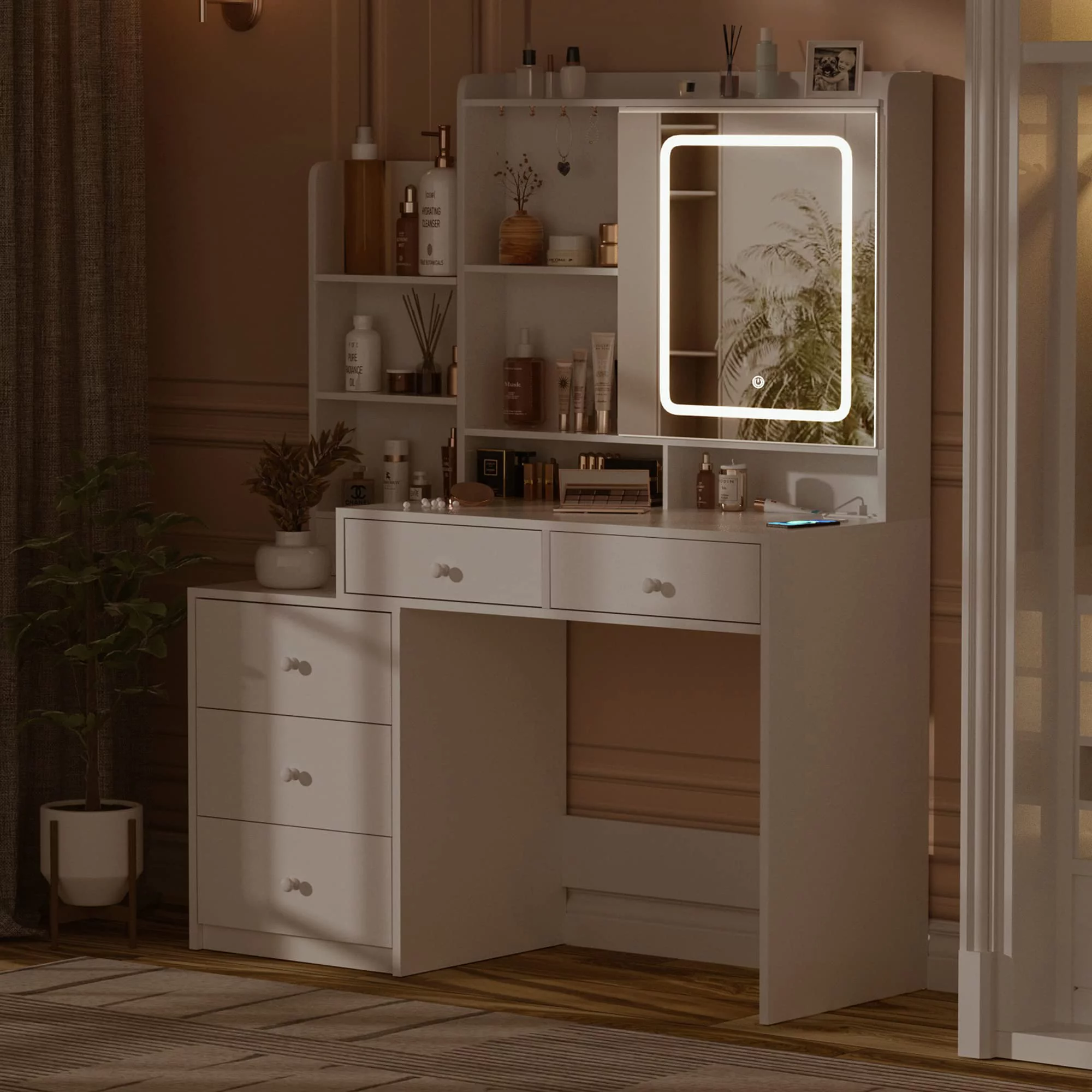 Veanerwood Vanity Table with Mirror and Lights, Modern Makeup Vanity Desk with Drawers and Power Strip, Bedroom Dressing Table, 43.3in, White