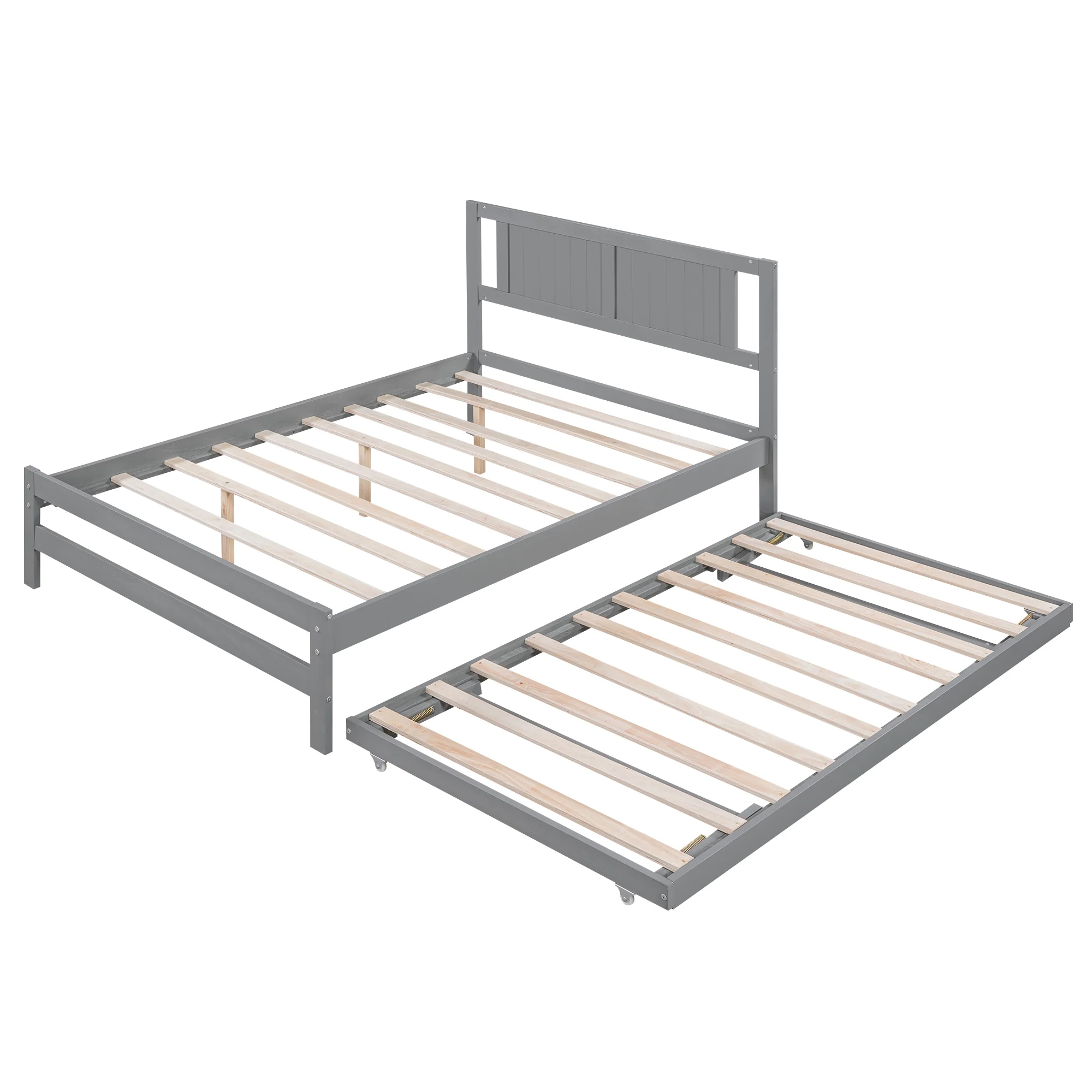 Euroco Wood Full Size Platform Bed with Trundle Frame Set, Wooden Bed Frame with Convertible Trundle Bed for Kids Teens Adulst, Gray
