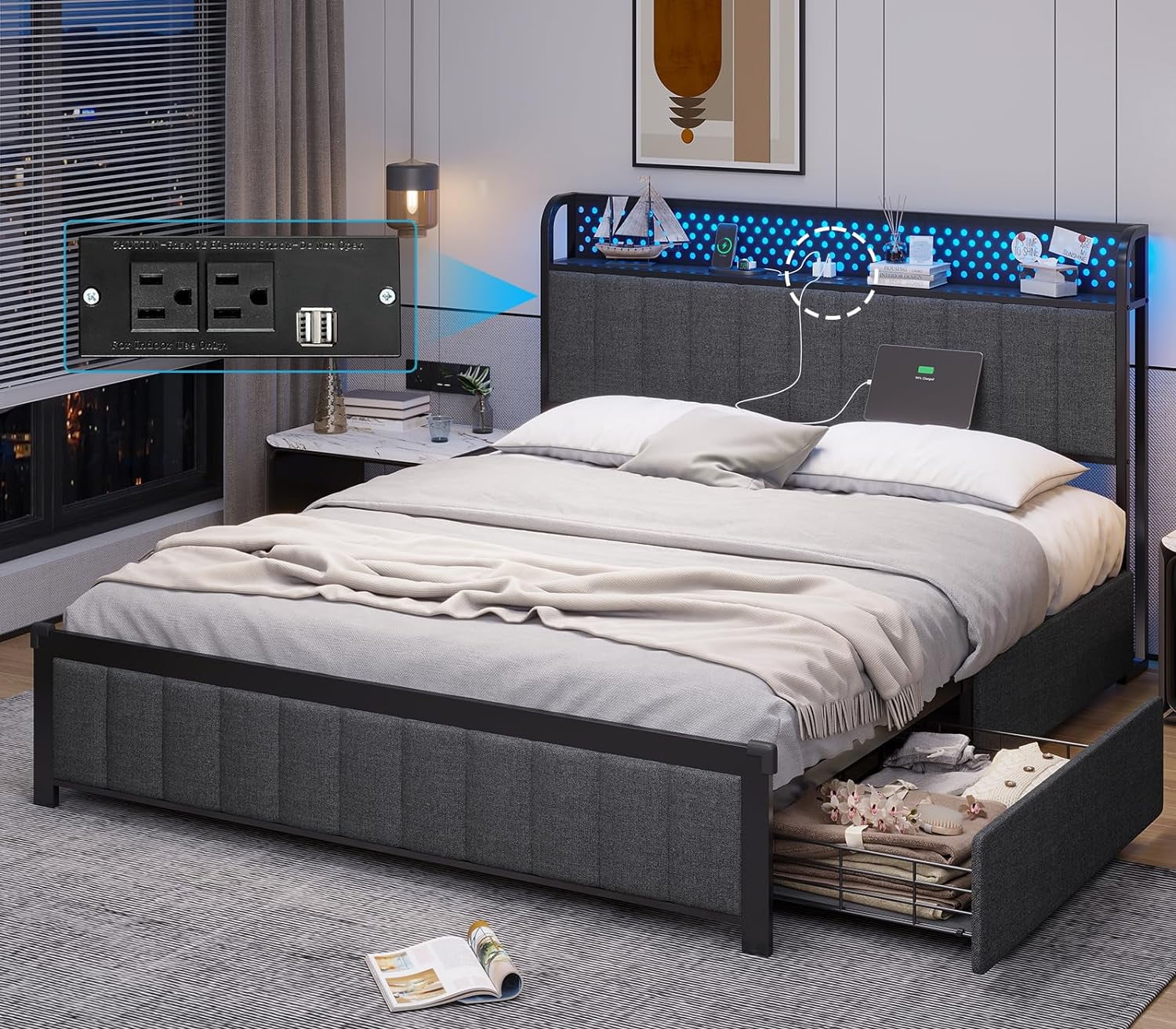 ADORNEVE Full Bed Frame with LED Headboard and 4 Drawers, Upholstered Metal Platform Bed with USB Ports & Charging Outlets, Verticle Channel Tufting, Dark Gray