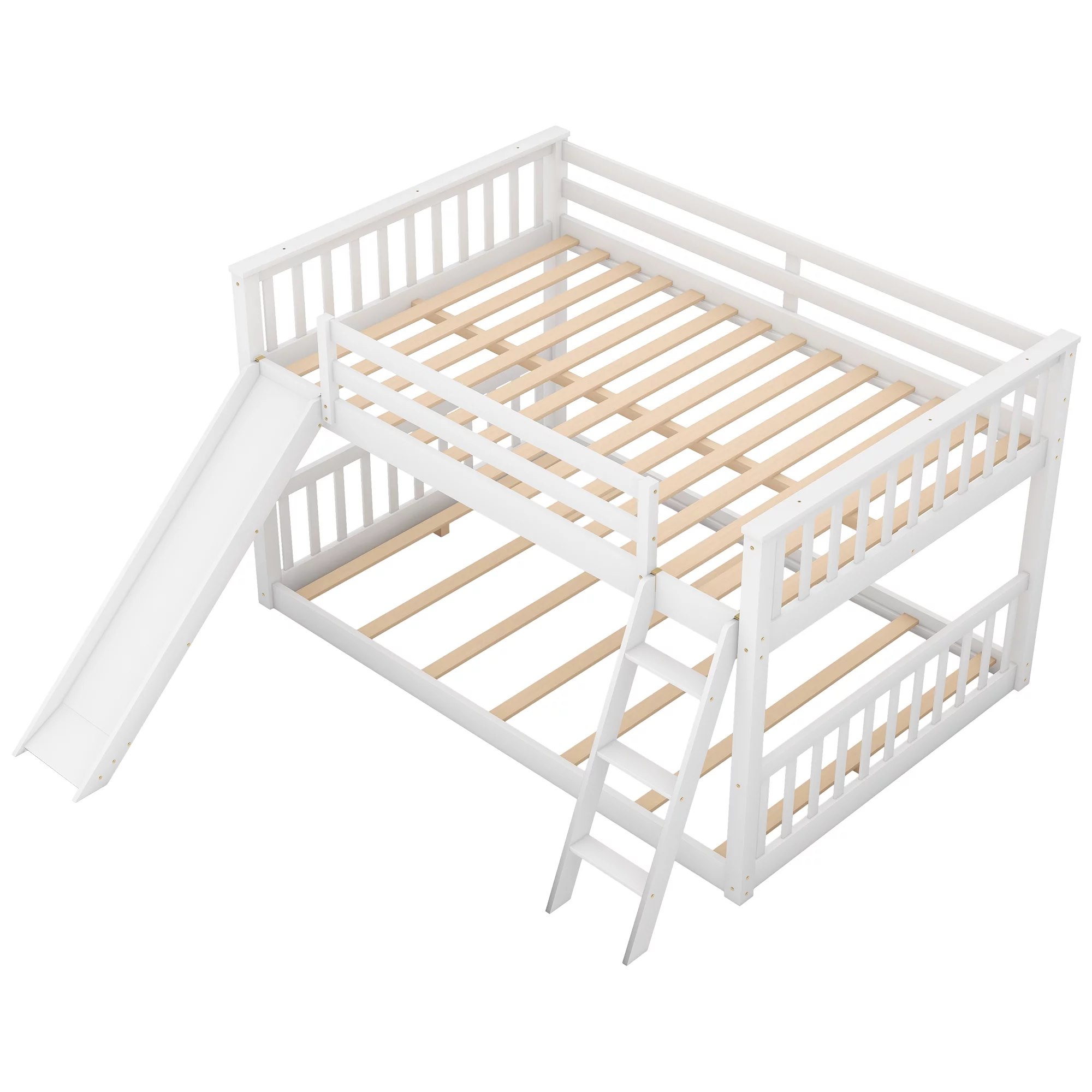 Hombay Low Full Over Full Bunk Bed with Convertible Slide and Ladder, Wood Slat Bed Frame for Child Kids