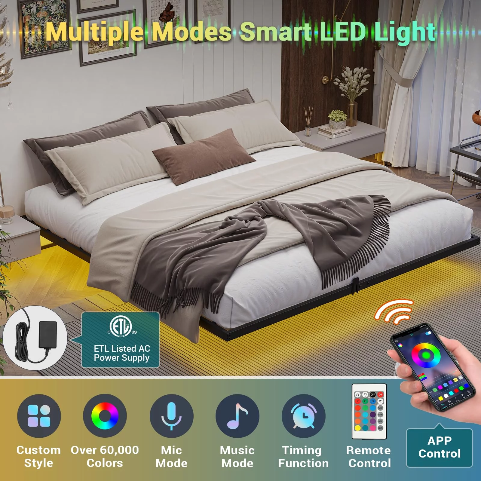 Metal Floating Bed Frame Queen Size Metal Platform Bed Frame with LED Lights,No Box Spring Needed