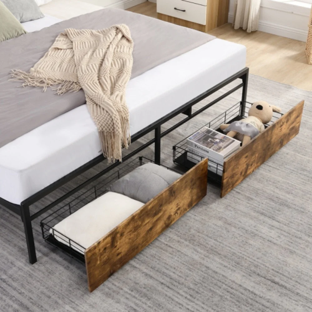 King Bed Frame, Storage Headboard with Charging Station, Solid and Stable, Noise Free, No Box Spring Needed, Easy Assembly  Antique brown + Metal & Wood + Bedroom + King + Bed Frame + Metal