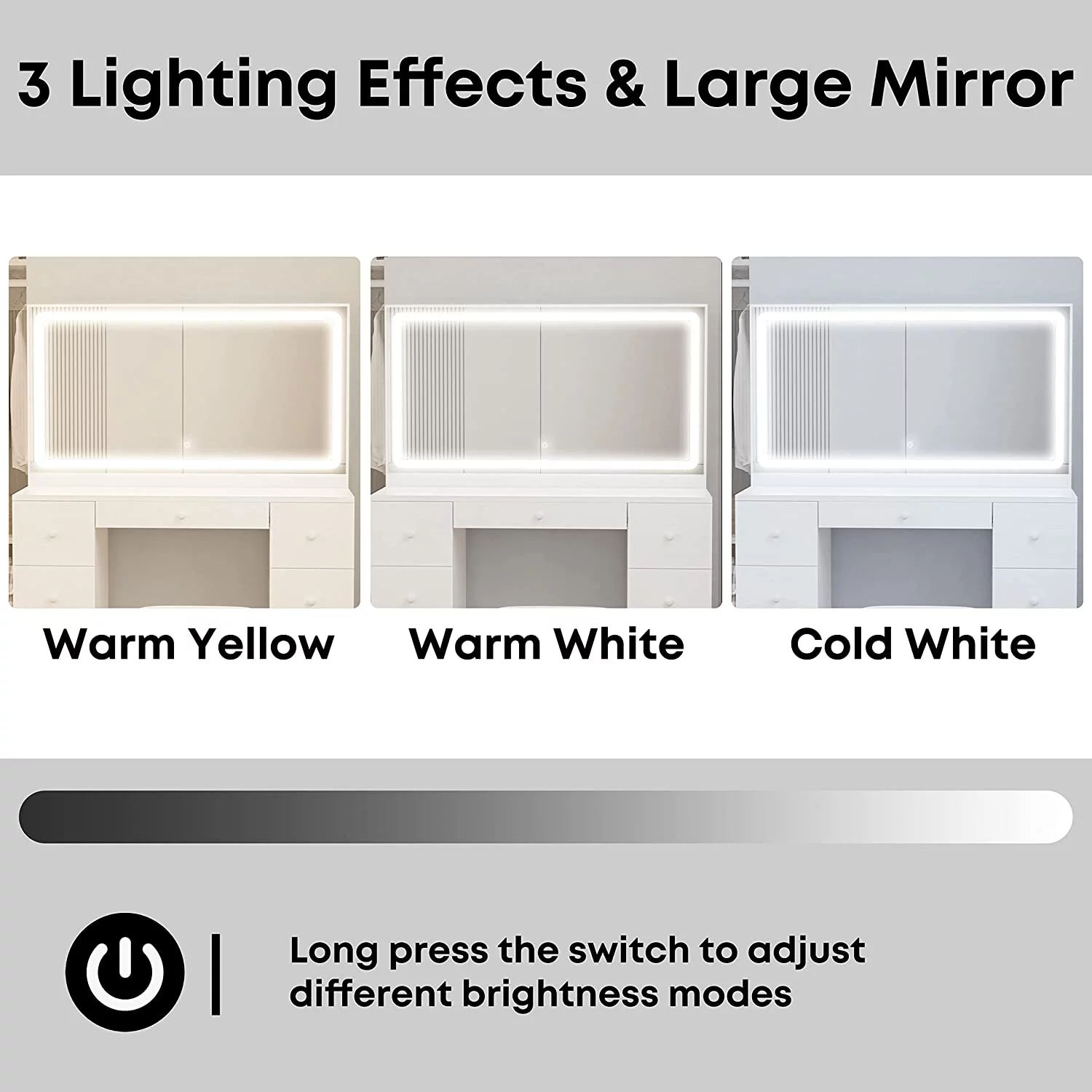 IRONCK Vanity Desk Set with LED Lighted Mirror & Power Outlet, 7 Drawers Makeup Vanities Dressing Table with Stool, for Bedroom, White