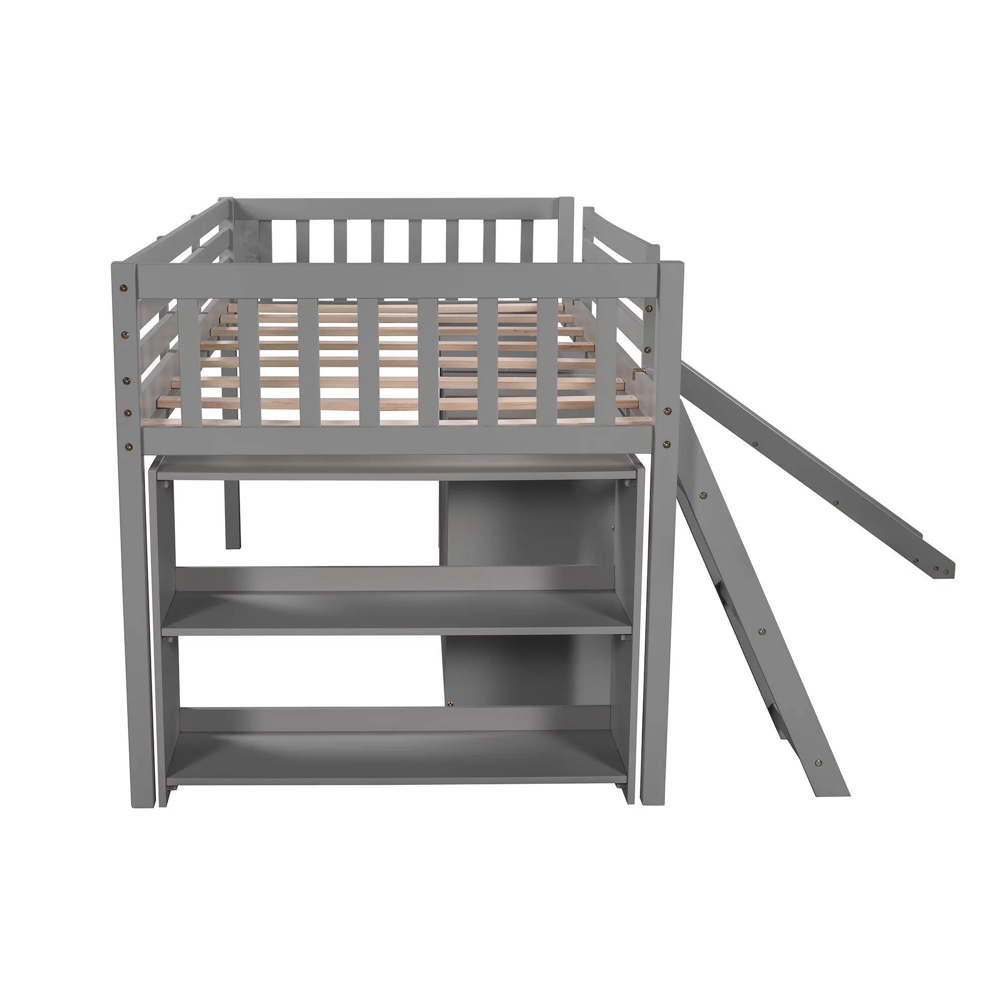 Euroco Wood Twin Size Low Loft Bed with Bookcase, Drawers, Ladder and Slide, Gray