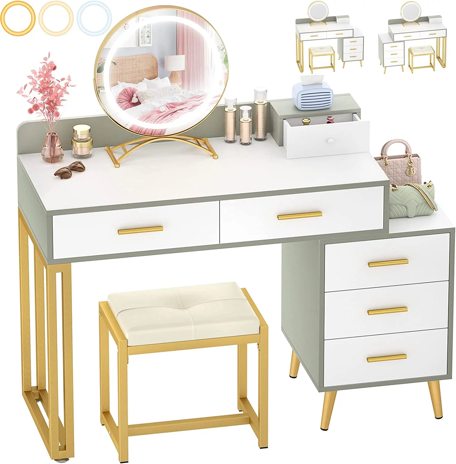Homieasy Vanity Desk with LED Lighted Mirror, 44'' Reversible Makeup Desk with 6 Drawers, Vanity Table Set with Soft Stool, Dressing Table with 3 Color Lighting Options for Women, White and Cyan