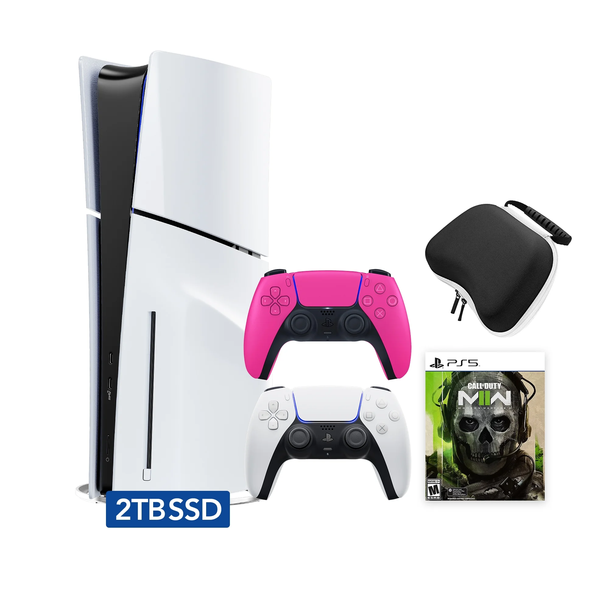 PlayStation 5 Slim Disc 2TB SSD Edition Call of Duty Modern Warfare II Bundle with Two Controllers White and Nova Pink DualSense and Mytrix Hard Shell Protective Controller Case - PS5 Gaming Console