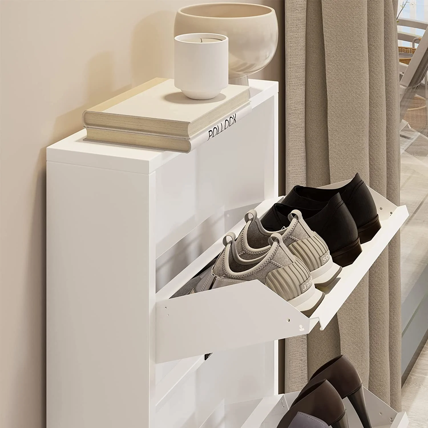 YITAHOME Metal Shoe Cabinet with 4 Flip Drawers, Wall Mounted & No-Assembly Steel Shoe Storage Cabinet, Steel Cabinet with Magnetic Gooseneck Drawer for Entryway, Hallway, and Corridor