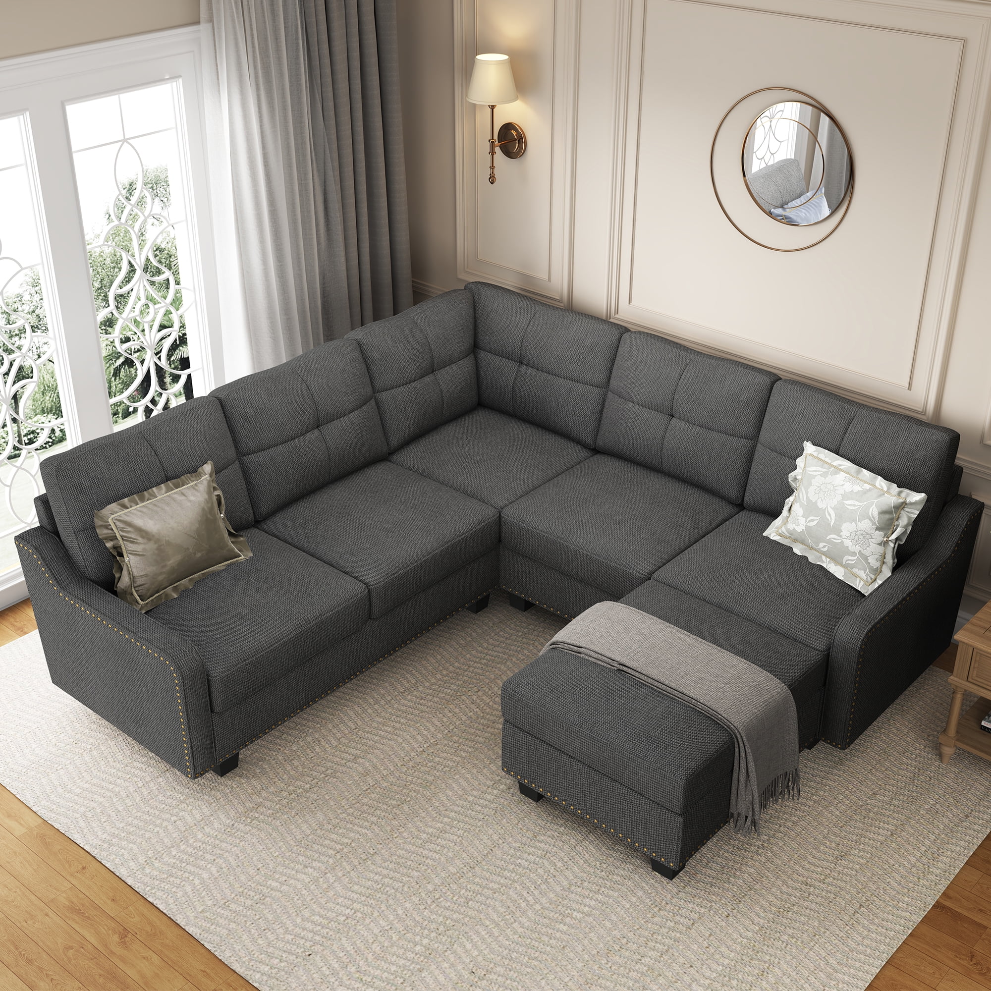 HONBAY Modern Convertible Nailhead Trim Sofa Set with Storage Ottoman, Dark Gray Sofa Set for Living Room