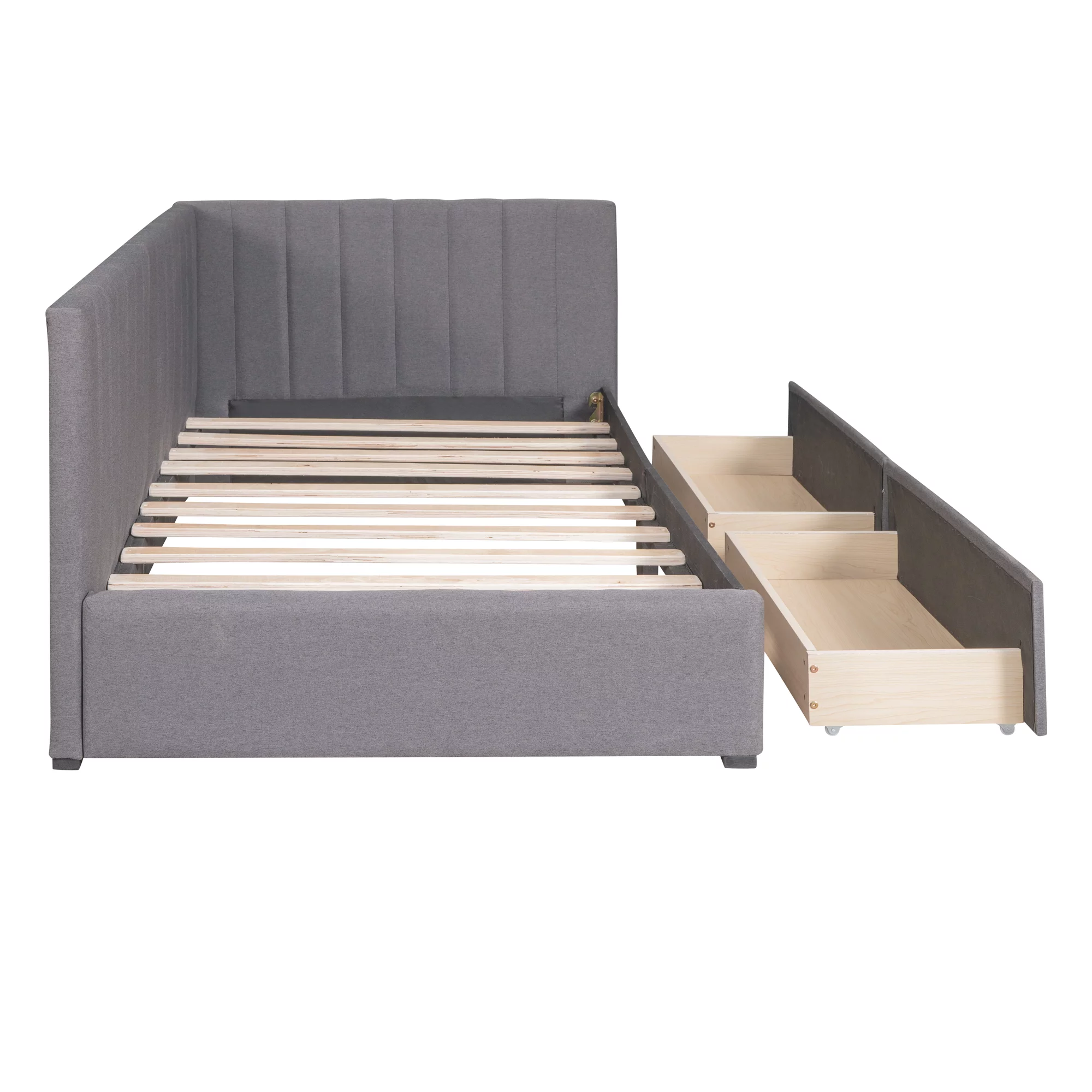 Sesslife Upholstered Daybed with Storage, Twin Size Linen Upholstered Sofa Bed Frame with 2 Drawers, No Box Spring Needed, Modern Twin Daybed for Bedroom Living Room, Gray