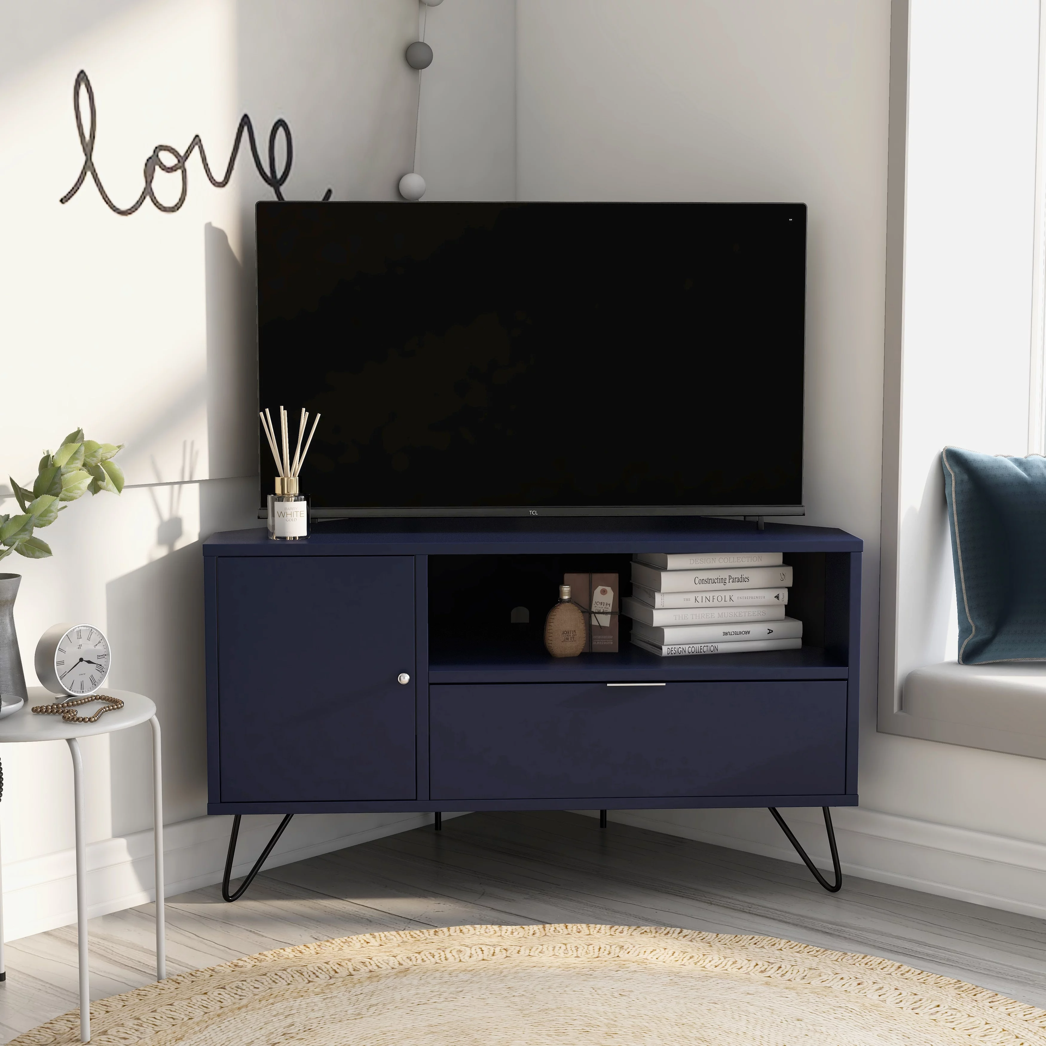 Furniture of America Talley Mid-Century Modern 41-inch 1-Open Shelf Corner TV Console by  Navy Mid-Century Modern, Preppy