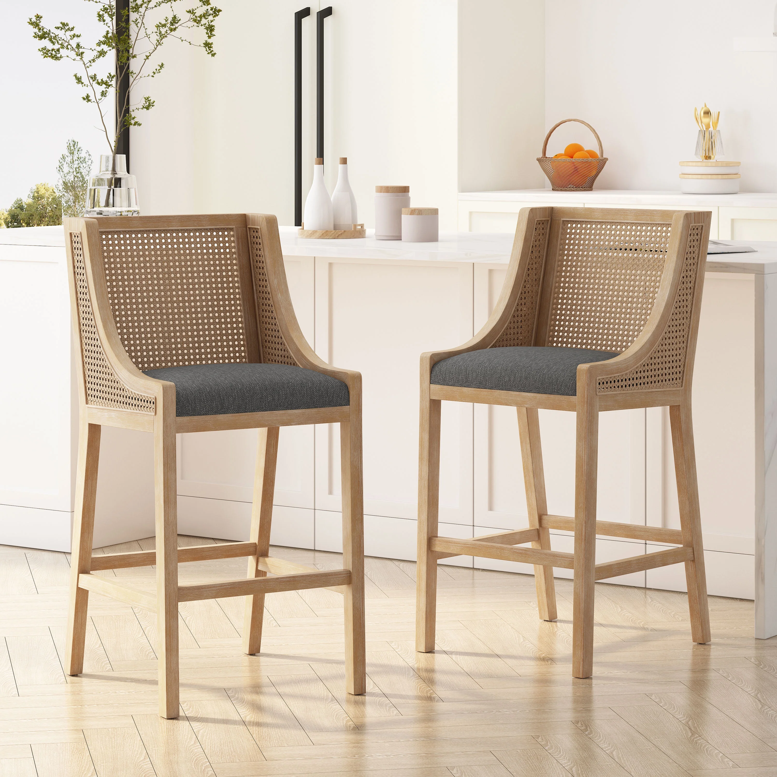 GDF Studio Oneida Rustic Fabric Upholstered Wood and Cane 30 inch Barstools, Set of 2, Charcoal and Natural