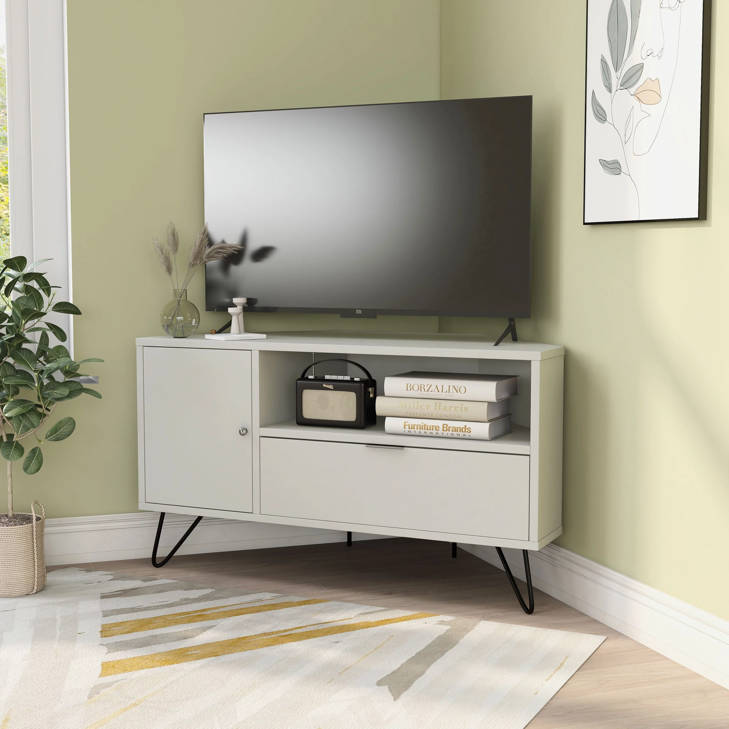 Furniture of America Talley Mid-Century Modern 41-inch 1-Open Shelf Corner TV Console by  Navy Mid-Century Modern, Preppy