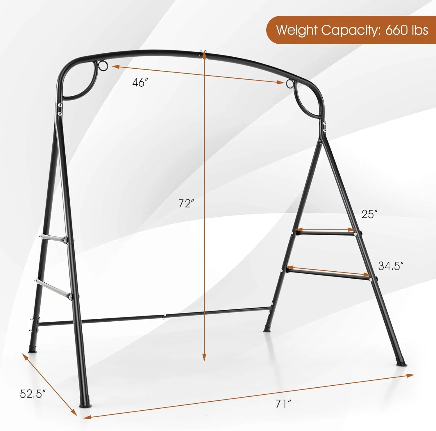 Outdoor Swing Frame Heavy-Duty Metal Porch Swing Stand with Side Bars & 2 Rings, 660 lbs Weight Capacity, A-Frame Swing Frame for Garden, Backyard, Balcony