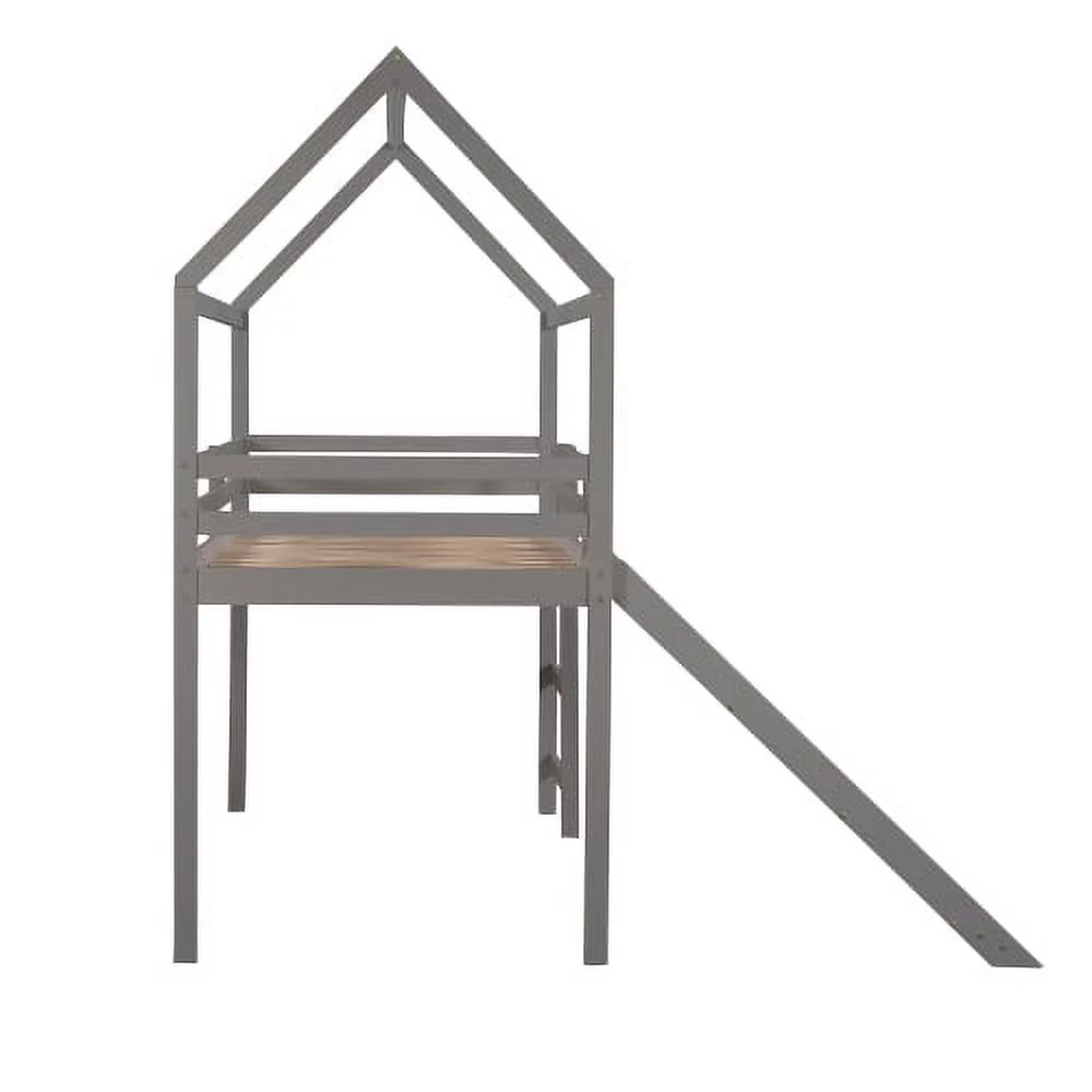 CHURANTY Twin Size Loft Bed with Slide, Wood House Loft Bed Frame , Twin Size Playhouse Loft Bed for Kids Boys Girls, Gray