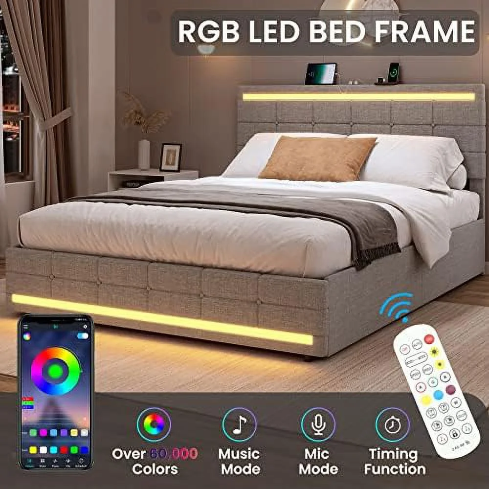 GEROBOOM Full Size Bed Frame with  Drawers  LED Lights Headboard Footboard  Upholstered Leather Platform LED Bed Frame with 2 USB Potrs  No Box Spring Needed  Black