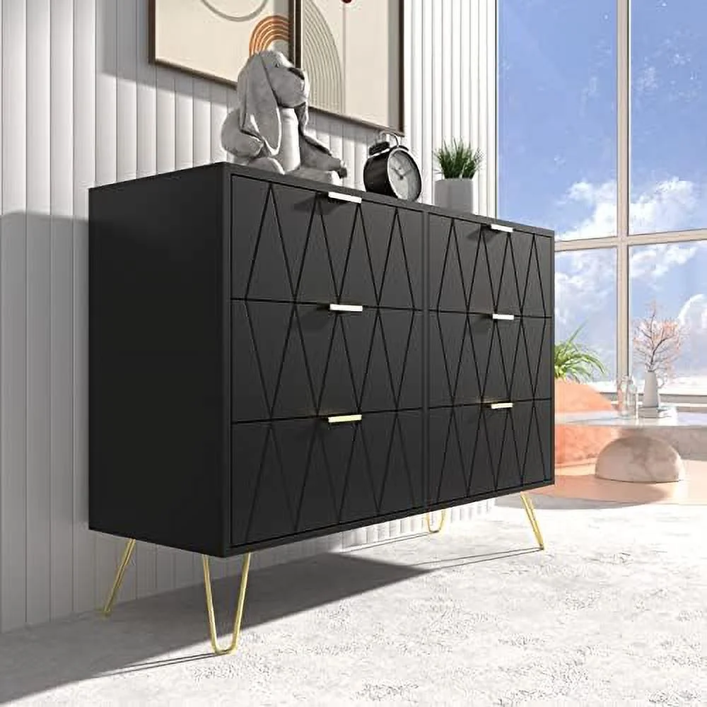 Black 6 Drawer Dresser for Bedroom  Large Double Dresser with Wide Drawers and Gold Handles   Chest of Drawers
