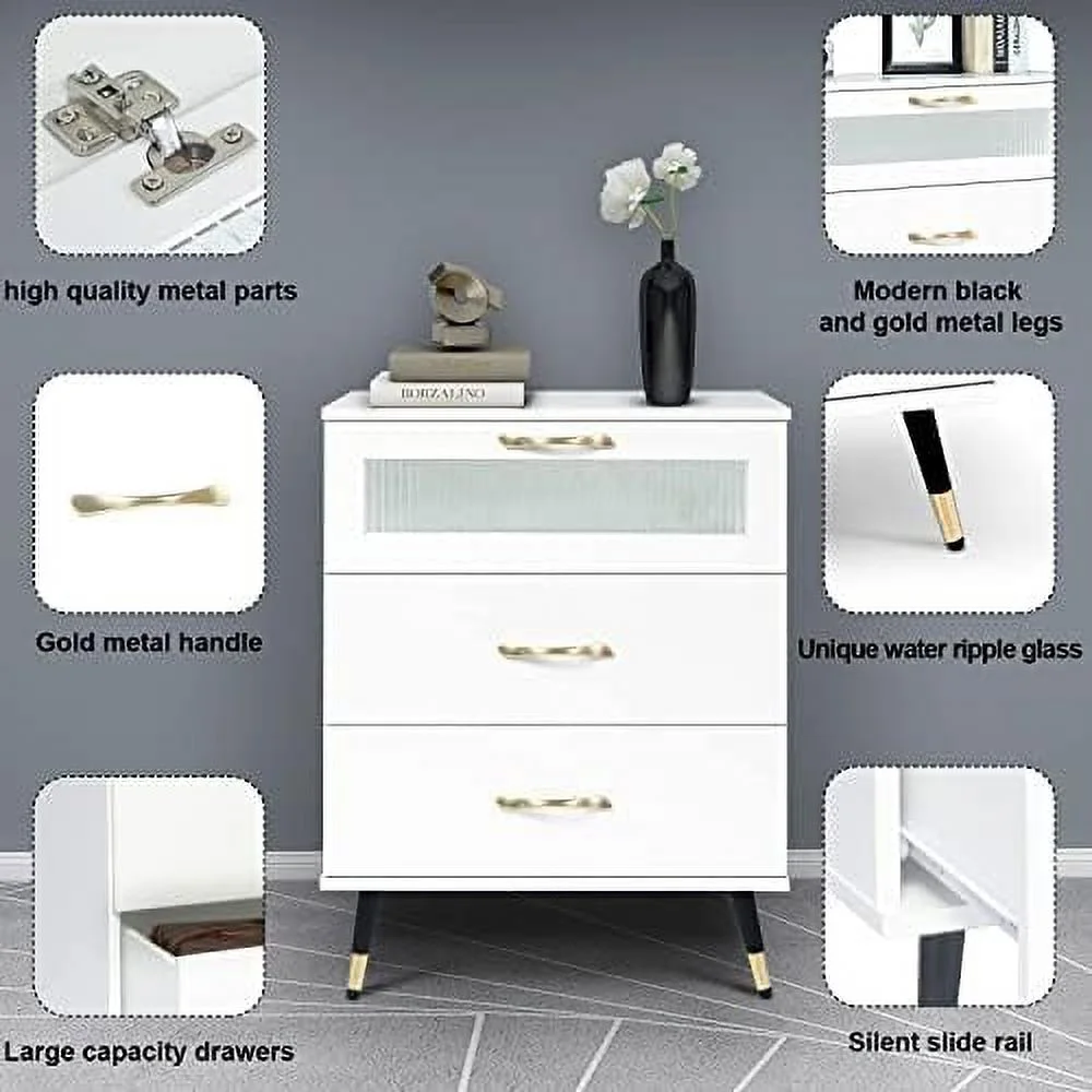 HBBOOMLIFE White Nightstand Modern 3 Drawer Nightstands  Bedroom Dresser Accent Bedside Cabinet End Side Table Modern Night Stand Perfect for Bedroom Living Room Accessories White (White