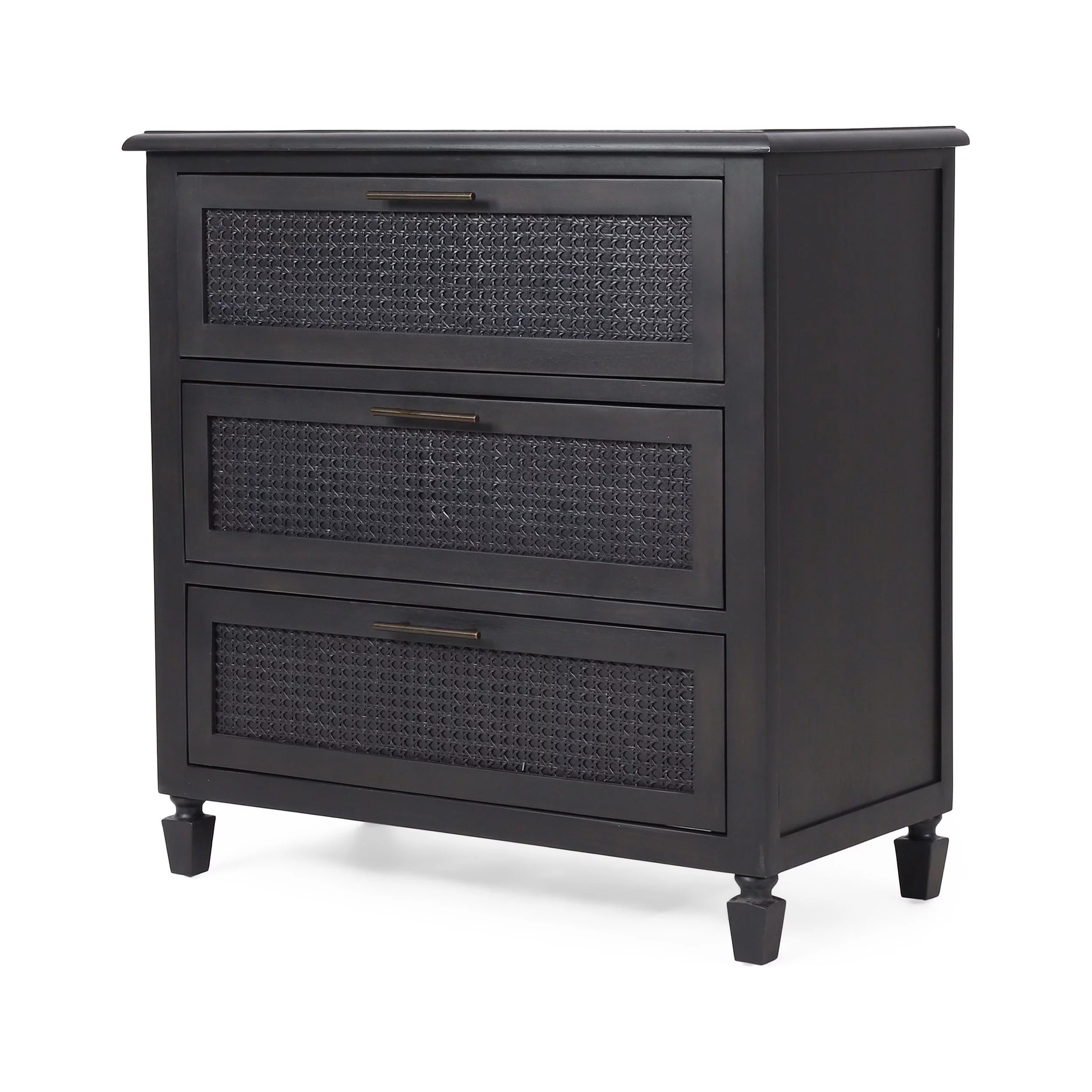 GDF Studio Pollards Rustic Acacia Wood and Cane 3 Drawer Dresser, Dark Gray