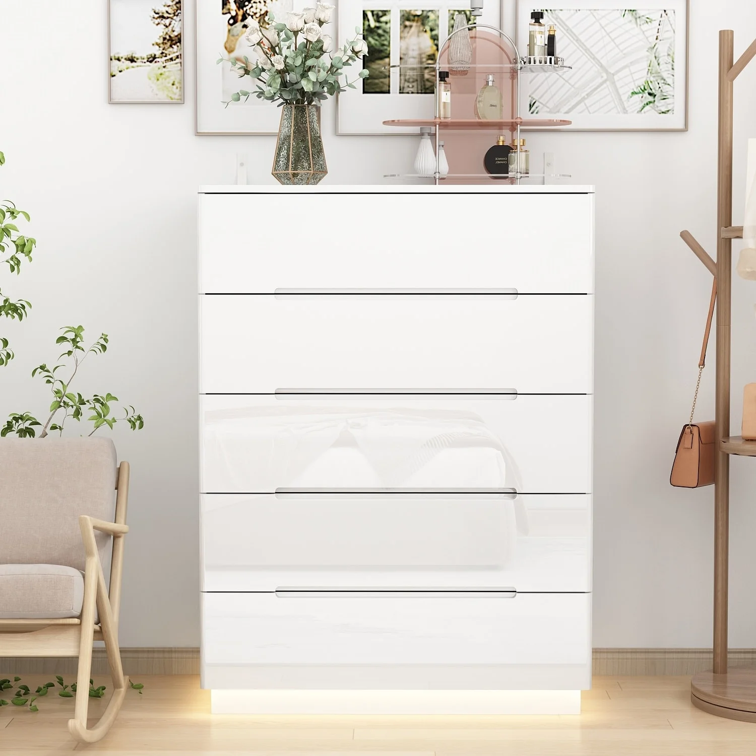 5 Drawer Chest Dresser w/High Gloss Drawers Chest With Light Storage White