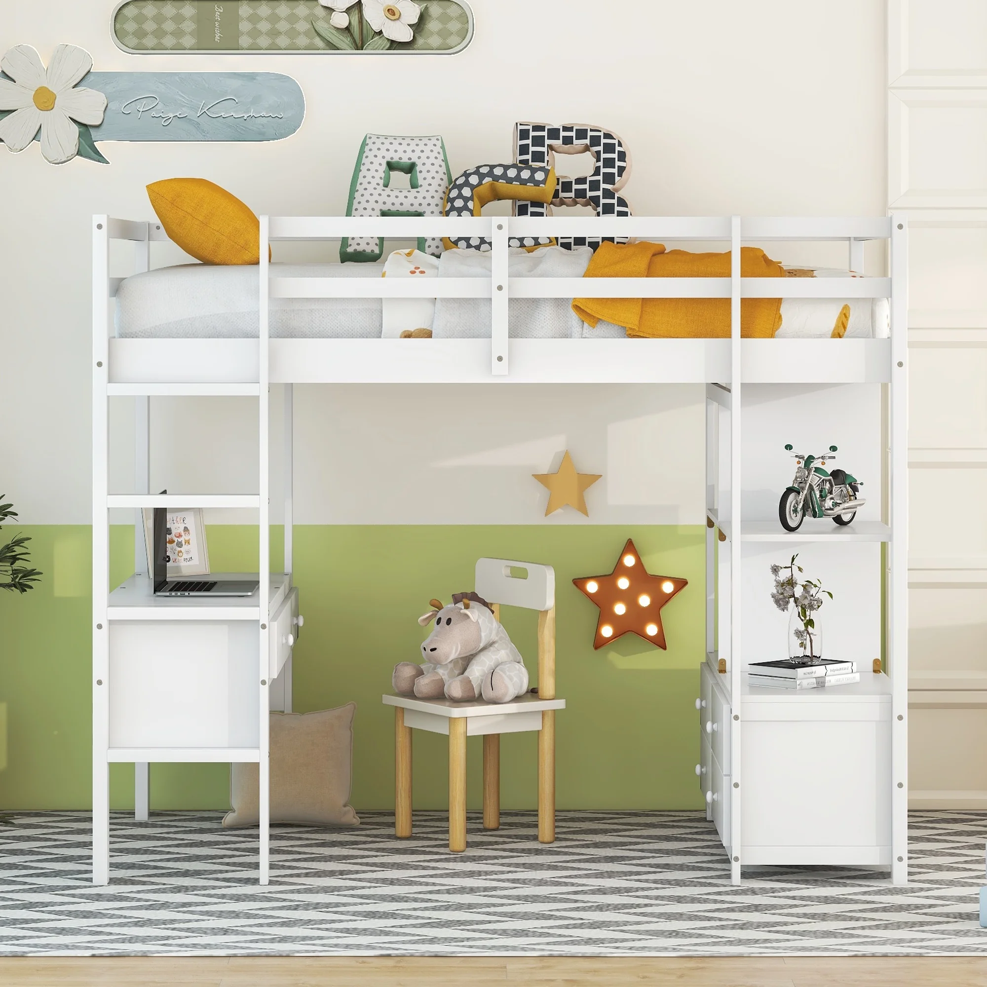 Royard Oaktree Twin Size Loft Bed with Built-in Desk and Storage Shelves with Drawers Wood Loft Bed Frame with Ladder and Guardrails, White