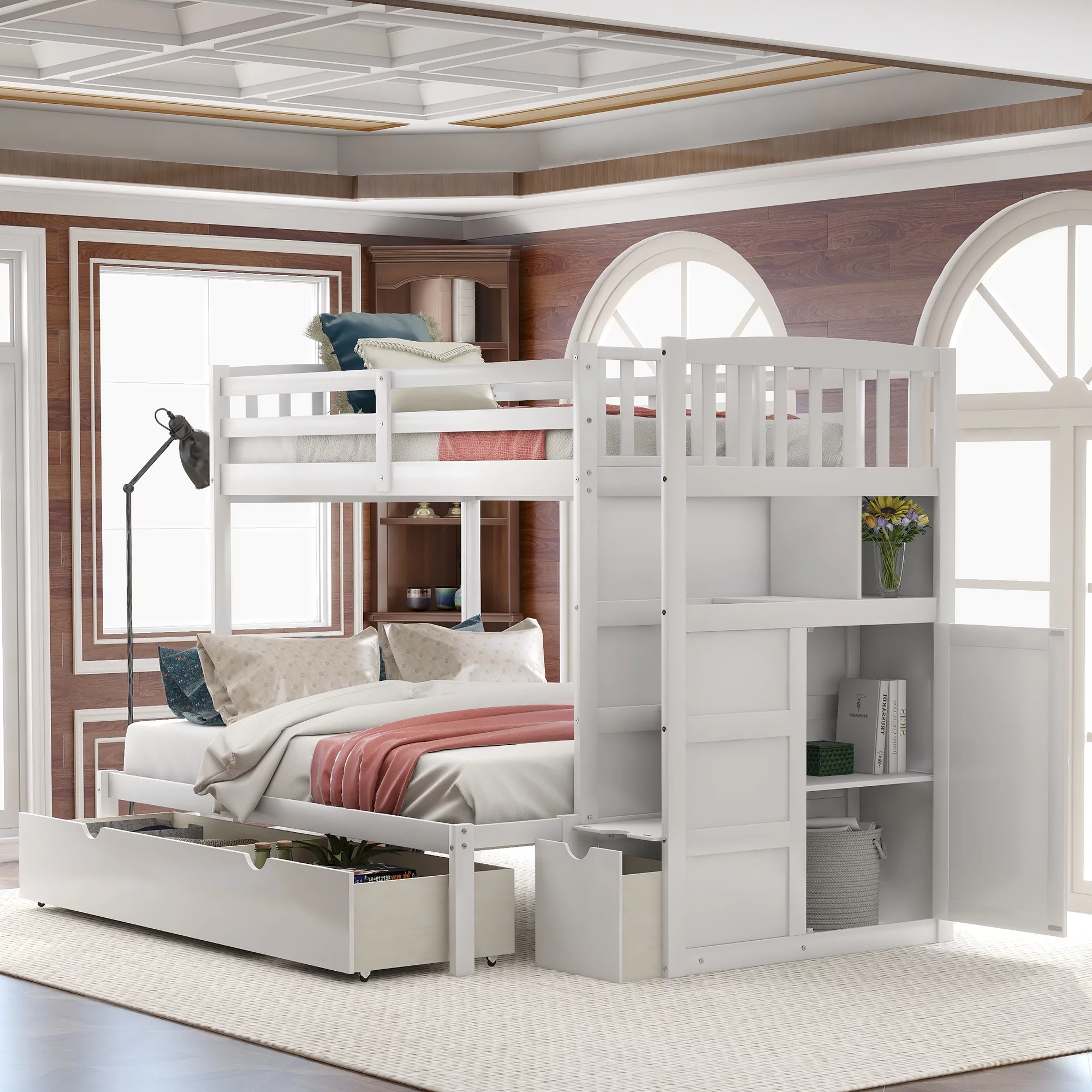 Euroco Twin over Twin Bunk Bed with Drawer and Cabinet for Kids Bedroom, White