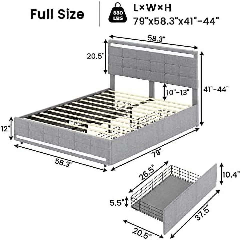 GEROBOOM Full Size Bed Frame with  Drawers  LED Lights Headboard Footboard  Upholstered Leather Platform LED Bed Frame with 2 USB Potrs  No Box Spring Needed  Black