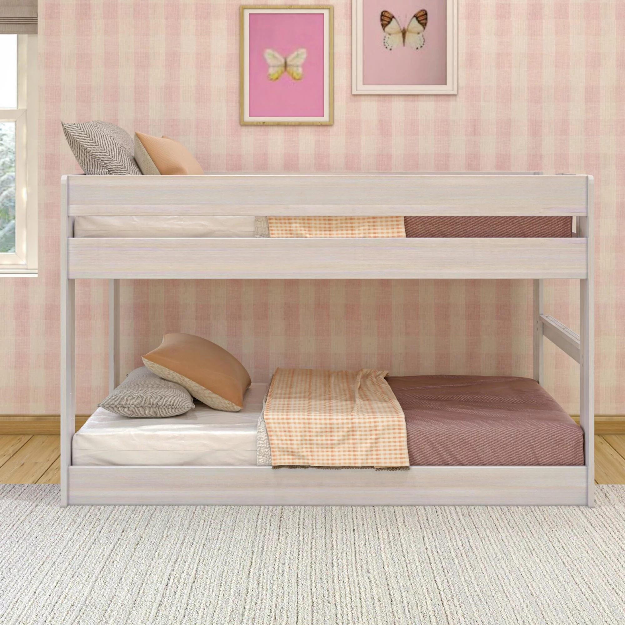 Max & Lily Twin Over Twin Low Bunk Bed, Modern Farmhouse Wooden Bunk Beds for Kids, White Wash
