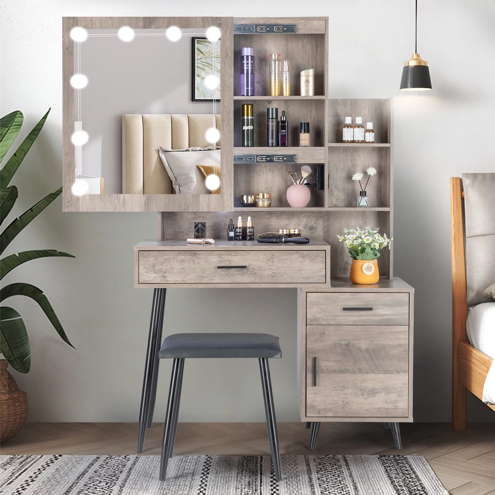 Ktaxon Lighted Vanity Table Set with USB Charging Station, Makeup Dressing Table with Sliding Mirror, Bedroom Vanities Set
