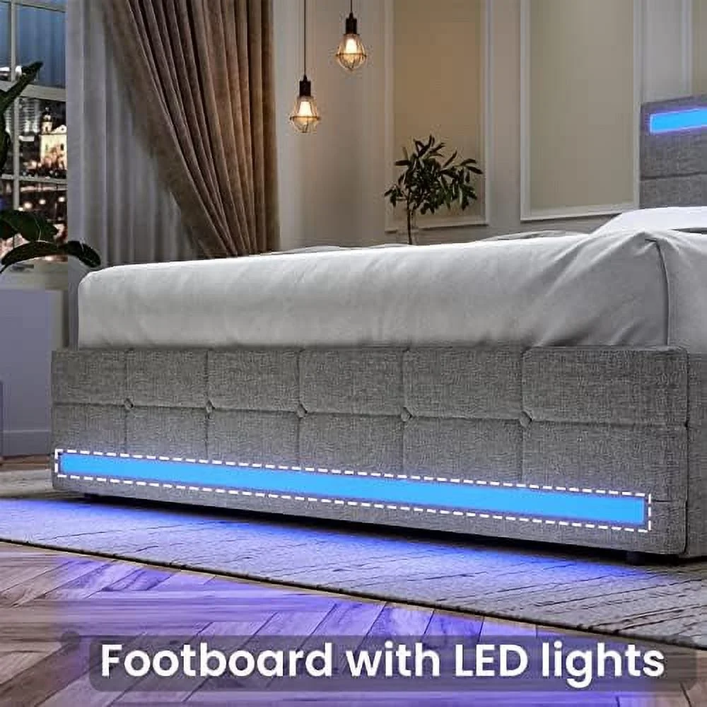 GEROBOOM Full Size Bed Frame with  Drawers  LED Lights Headboard Footboard  Upholstered Leather Platform LED Bed Frame with 2 USB Potrs  No Box Spring Needed  Black