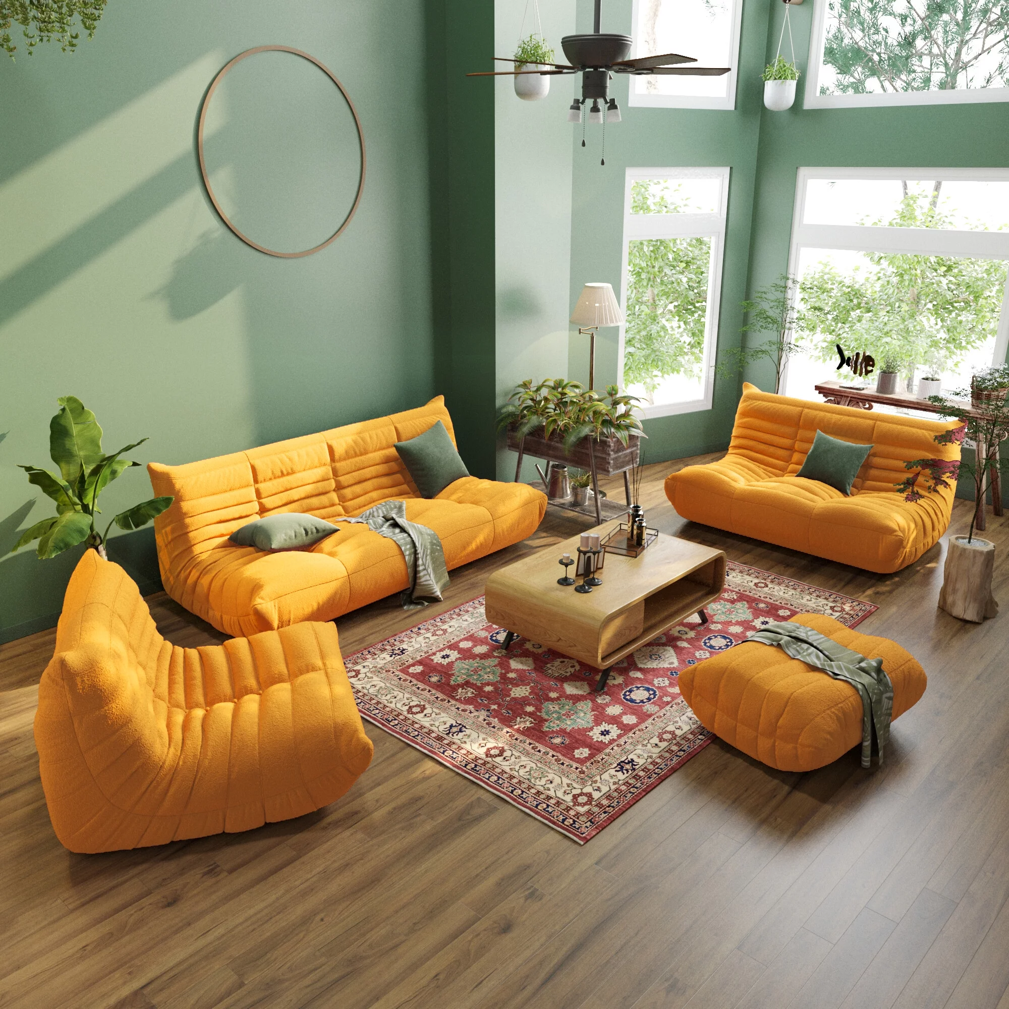 Magic Home Modern Sectional Sofa Togo Sofa Lazy Sofa Floor Sofa Foam Sofa Teddy Velvet Couch for Living Room and Apartment,6 Seat Sofa and Ottoman,Yellow