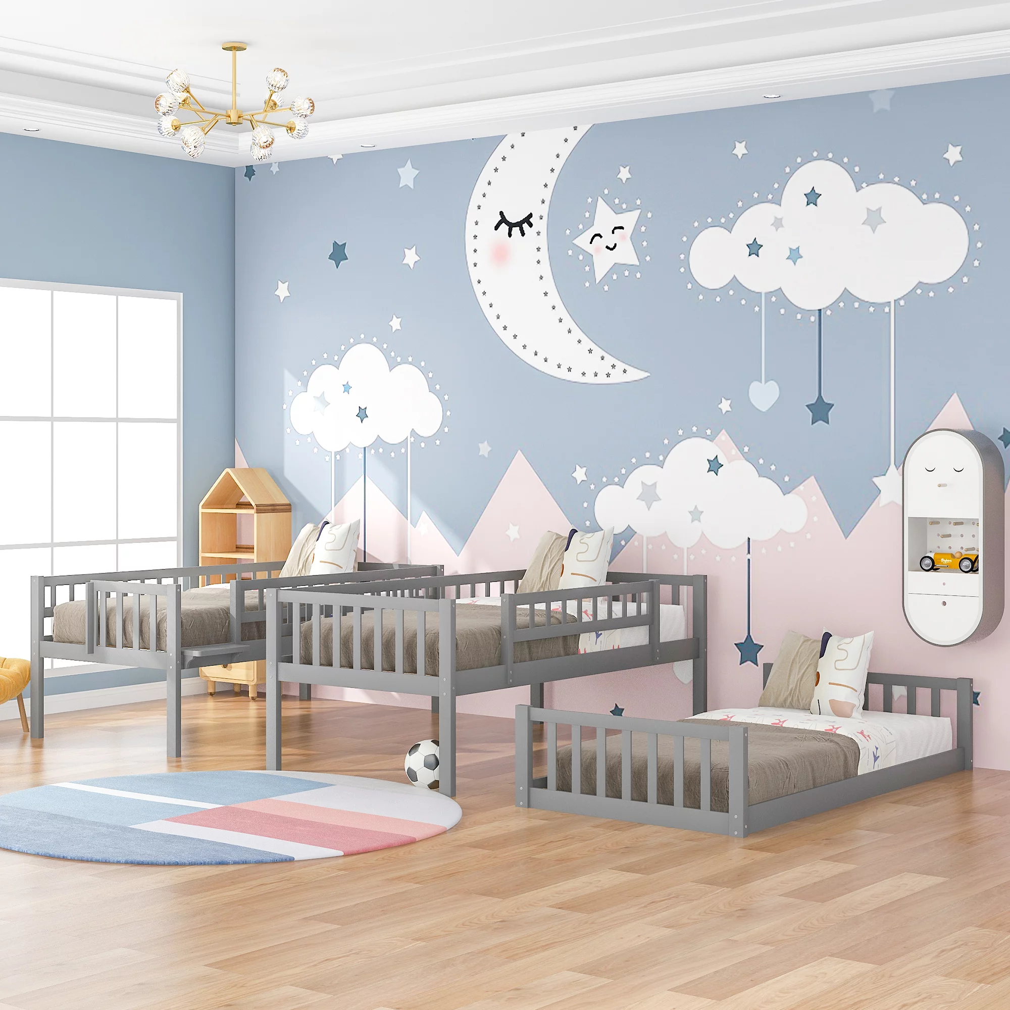 Twin-Over-Twin-Over-Twin Triple Bed with Slide, Twin Bunk Bed with Fun Slide and Ladder, Wood Loft Bed Frame for Kids & Girls & Boys