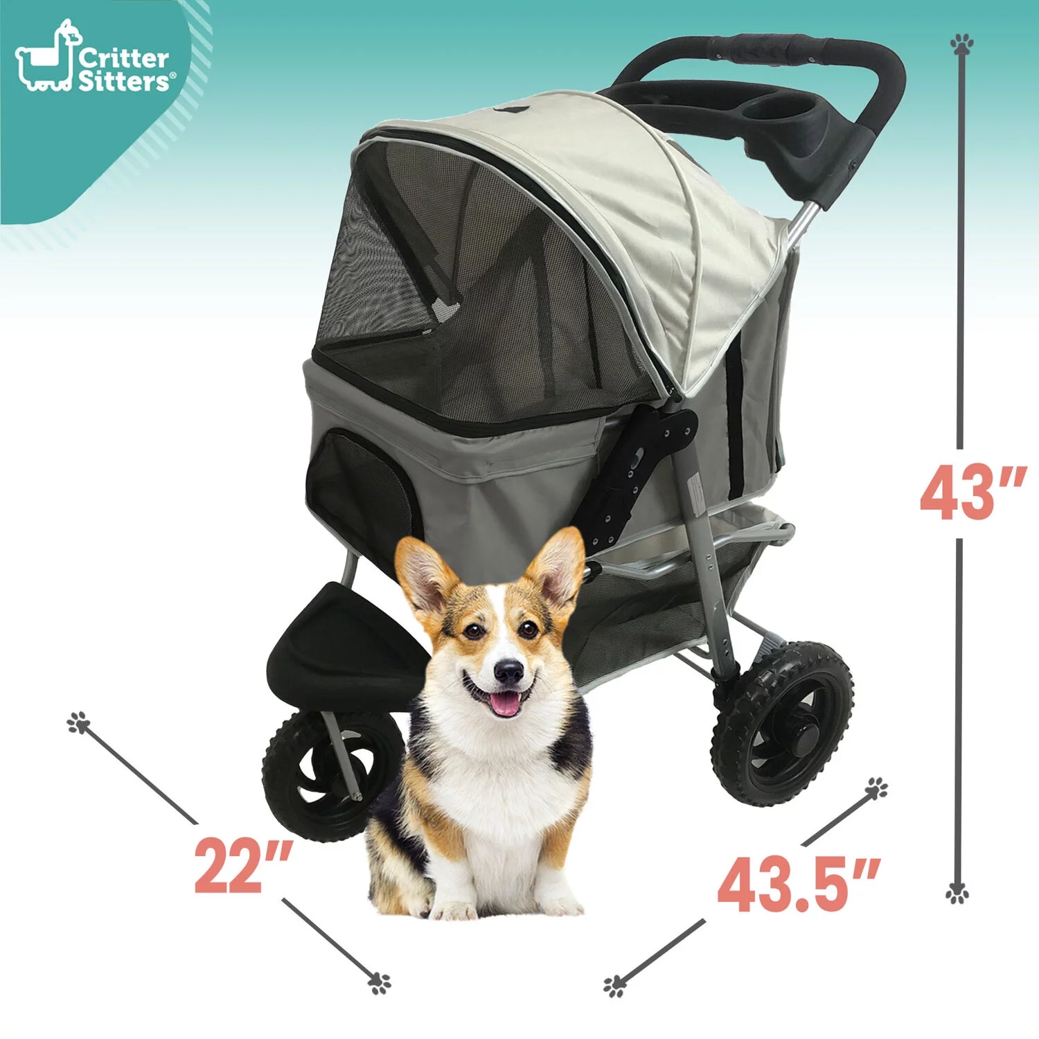 Critter Sitters Light Grey 4-Wheel Pet Stroller for Medium/Large Sized Dogs, Cats with Scratch Resistant Breathable Mesh Windows and Safety Leash | Storage Basket | Cup Holders | Lockable Wheels