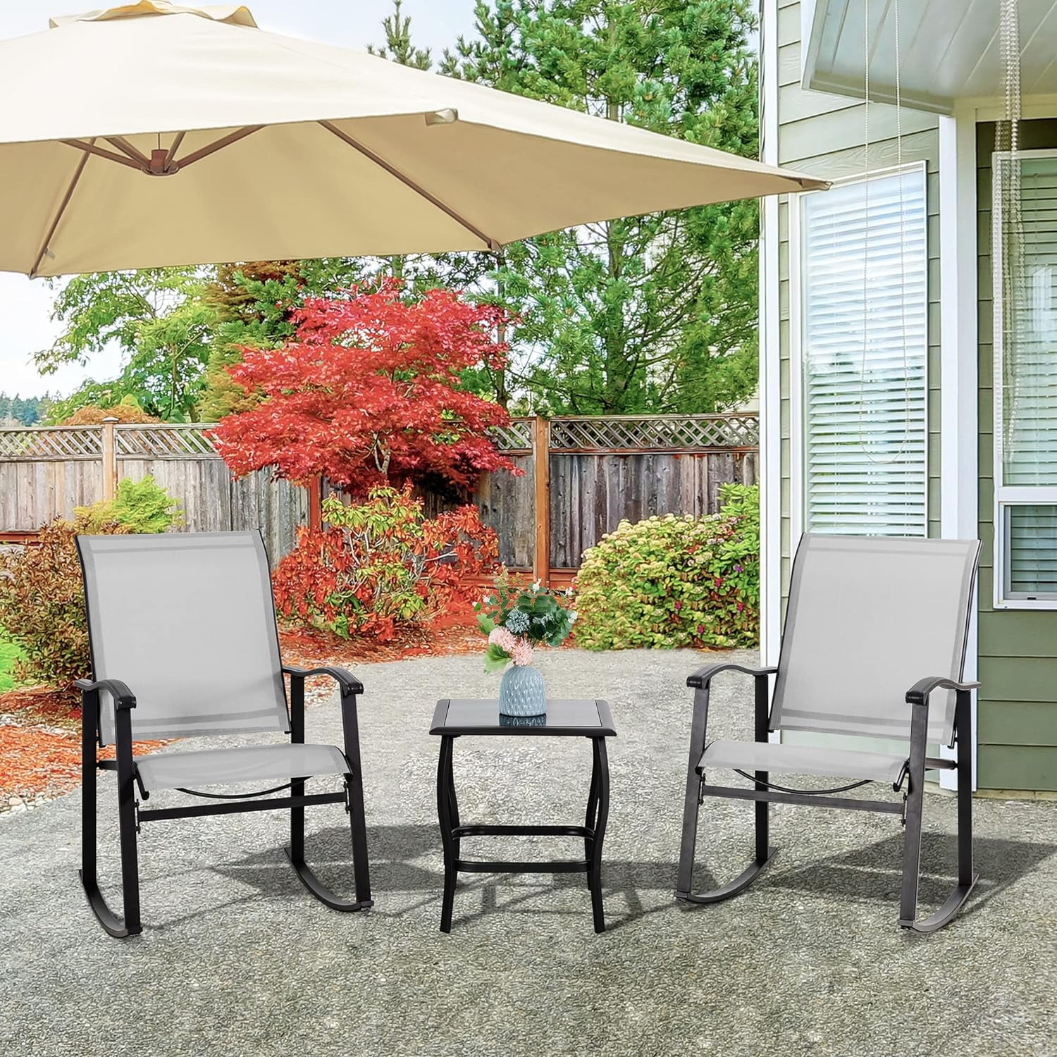 Vongrasig 3 Piece Outdoor Rocking Bistro Set, Textilene Fabric Small Patio Furniture Set, Front Porch Rocker Chairs Conversation Set with Glass Table for Lawn, Garden, Balcony, Poolside (White)