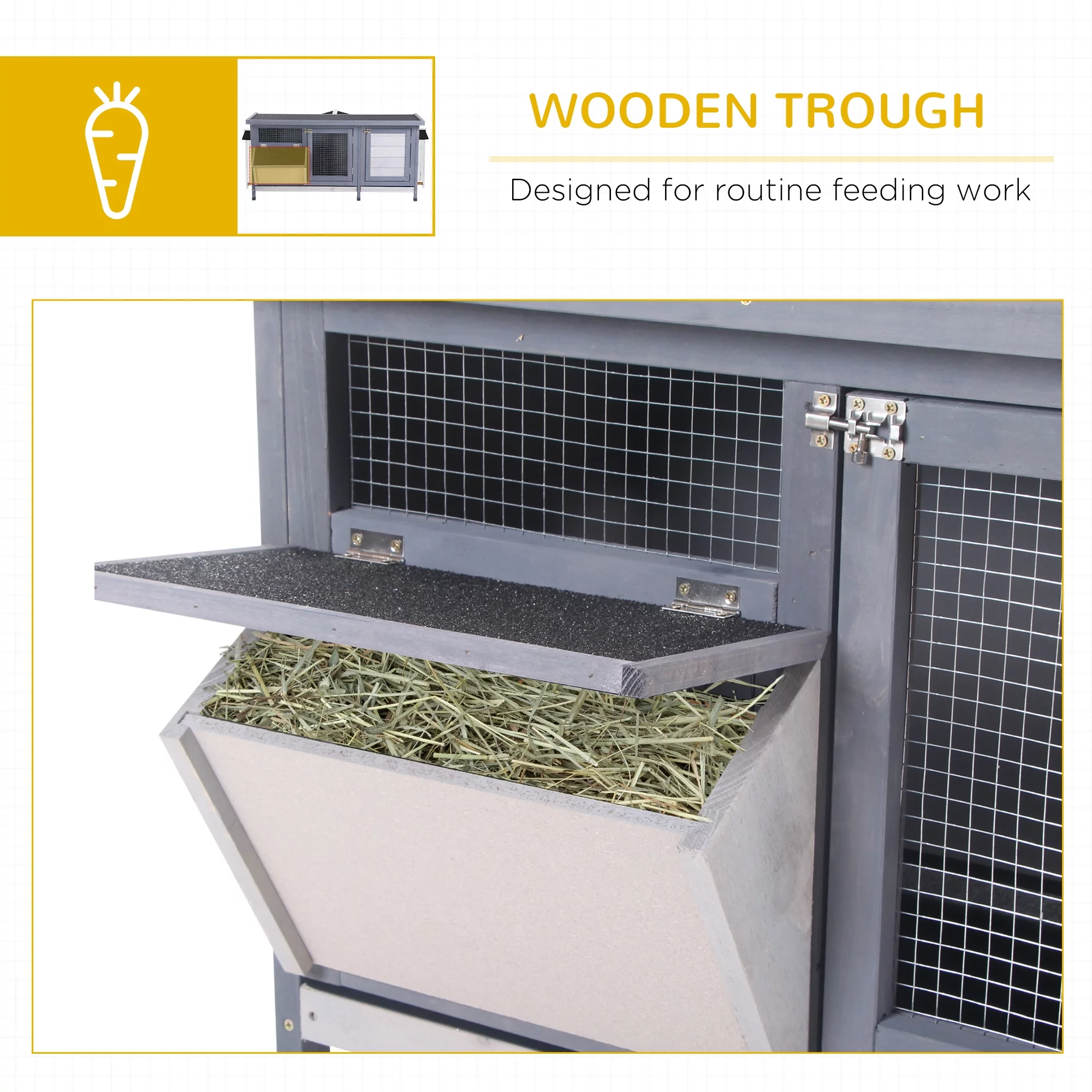 PawHut Wooden Rabbit Hutch Bunny Hutch Cage Guinea Pig with Waterproof Roof, No Leak Tray and Feeding Trough, Indoor/Outdoor, Gray