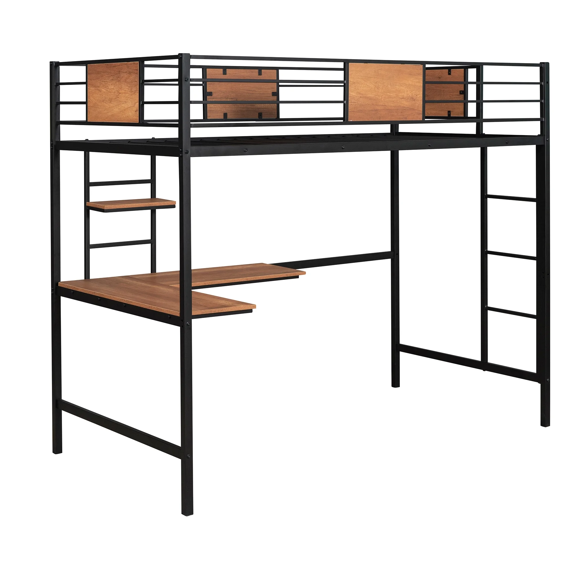 Bellemave Twin Metal Loft Bed with L-Shape Desk and Shelve,Sturdy Metal Loft Bed Frame with Guardrail for Kids,Teens, Black