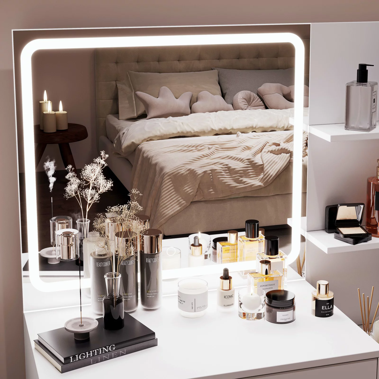 Rovaurx Makeup Vanity Table with Lights and Mirror, Storage Shelf & 4 Drawers, Dressing Desk, White