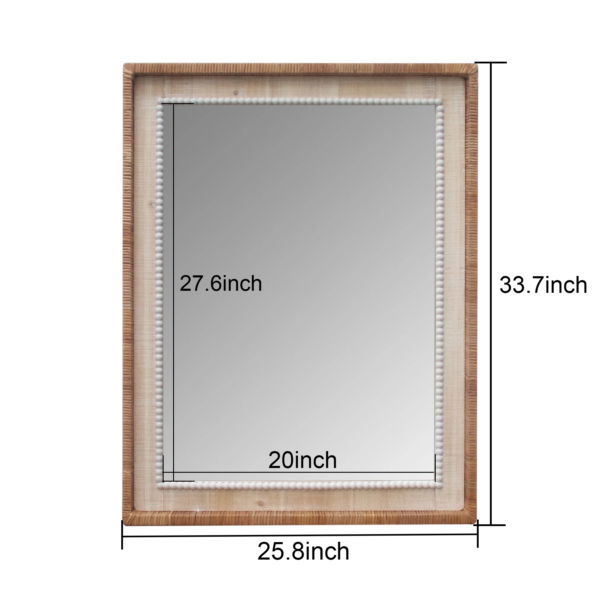 Parisloft Rectangular Bead Accent Rattan and Wood Wall Mirror, Farmhouse Wall Mirror, Brown and White, 25.8 x 33.75 inches