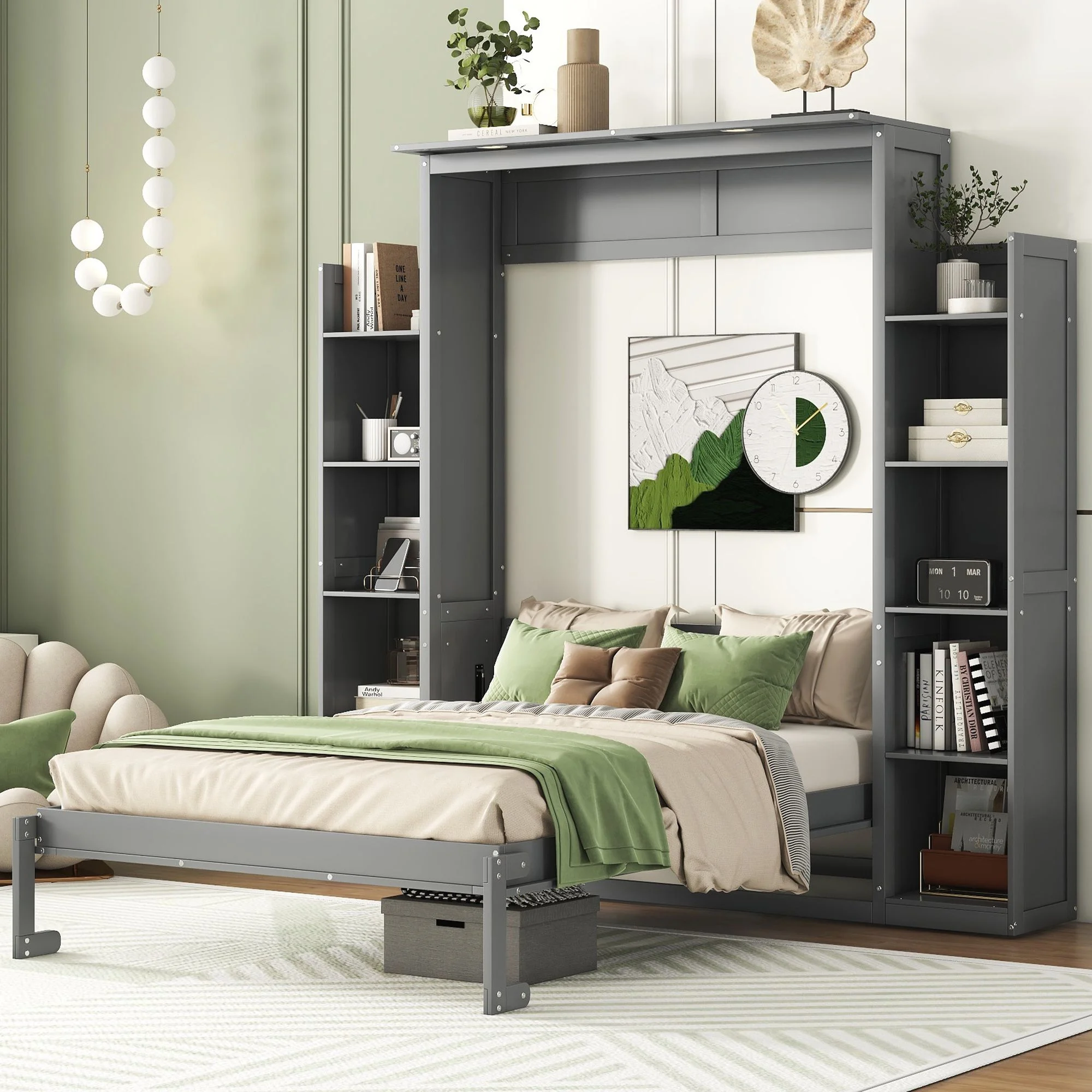 Practical Design Solid Wood Bed Frame Murphy Bed Wall Bed with Shelves and LED Lights, Platform Bed Frame, Mid Century Bedframe, Wood Foundation(Gray, Full)