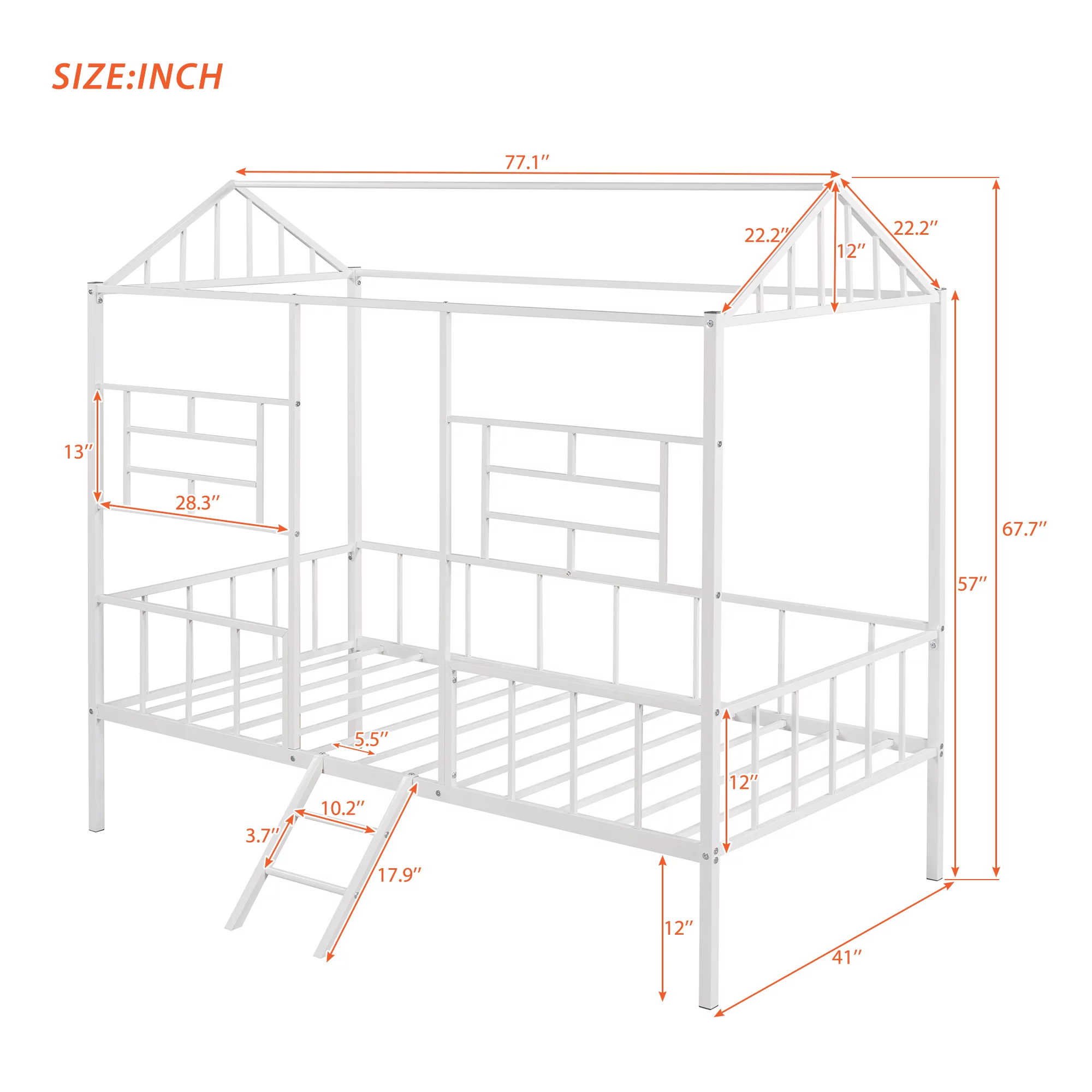 Bellemave Twin House Bed with Rails, Metal Cabin Bed Frame with Ladder, Playhouse Bed for Toddler Kids Boys Girl Teens (Twin Size, White)